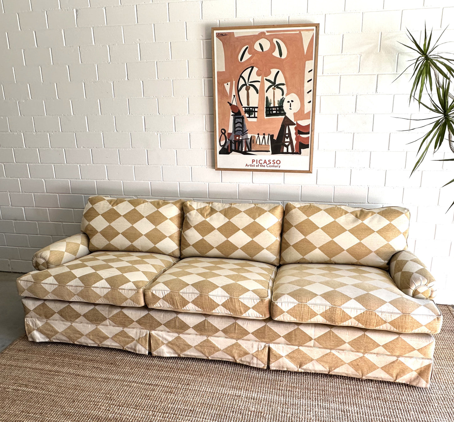 Vintage Cream & Gold Checker Sofa