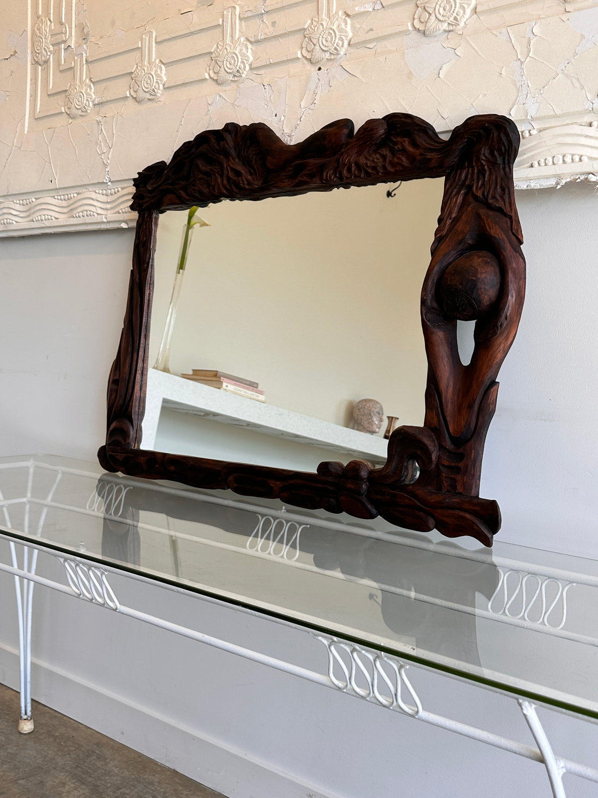 Art Nouveau Style Hand-Carved Timber Mirror