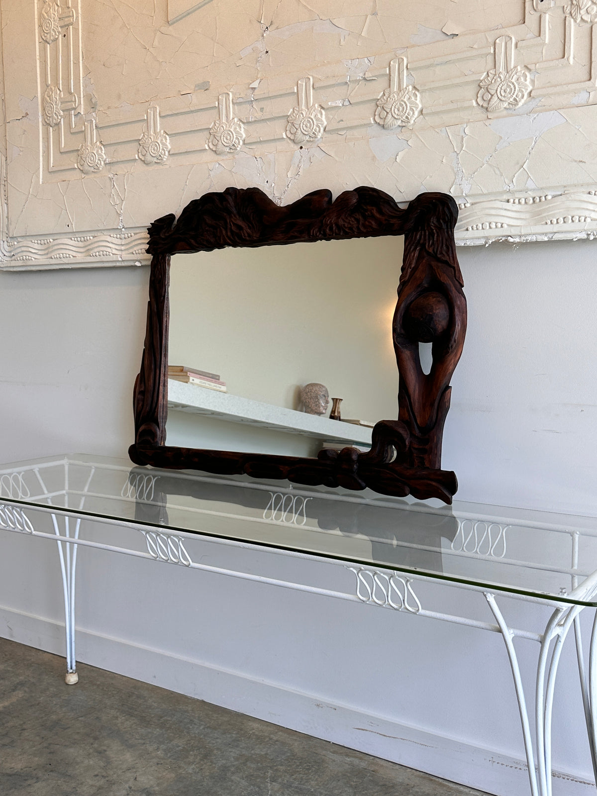 Art Nouveau Style Hand-Carved Timber Mirror