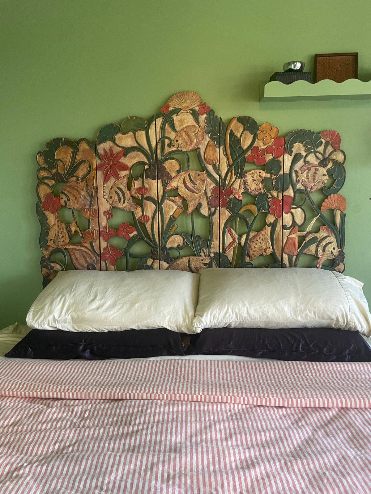 Unique Folk Hand Carved Botanical & Fish Folding Screen