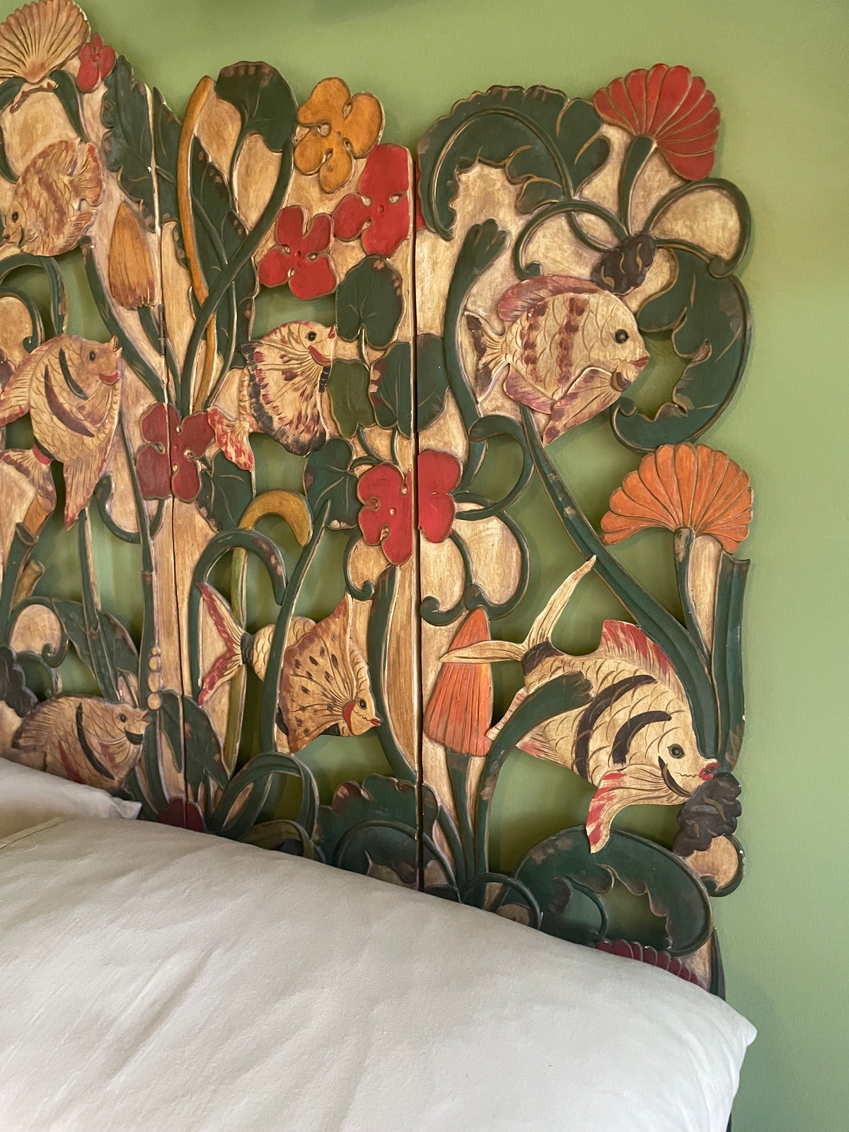 Unique Folk Hand Carved Botanical & Fish Folding Screen