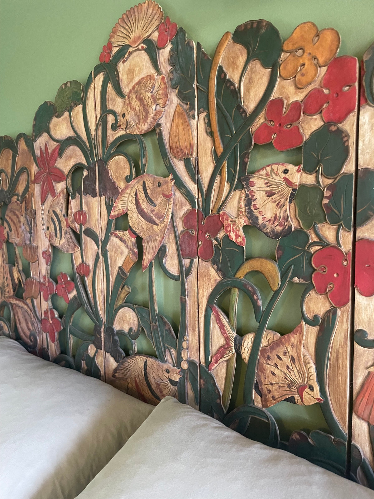 Unique Folk Hand Carved Botanical & Fish Folding Screen