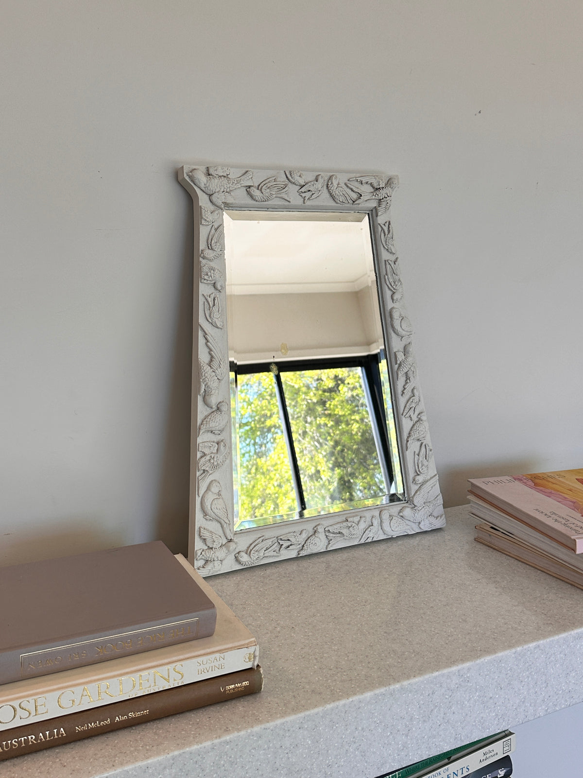 Vintage Timber Mirror - Bird Motifs, Hand Carved