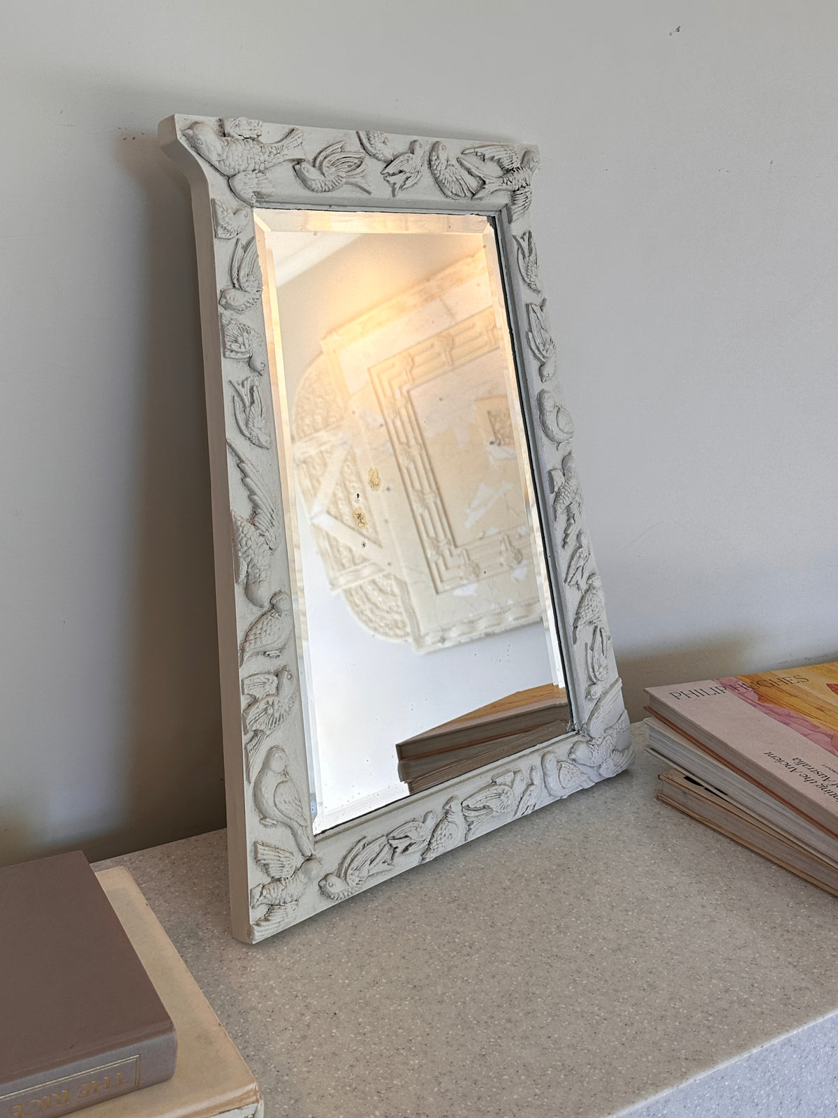 Vintage Timber Mirror - Bird Motifs, Hand Carved