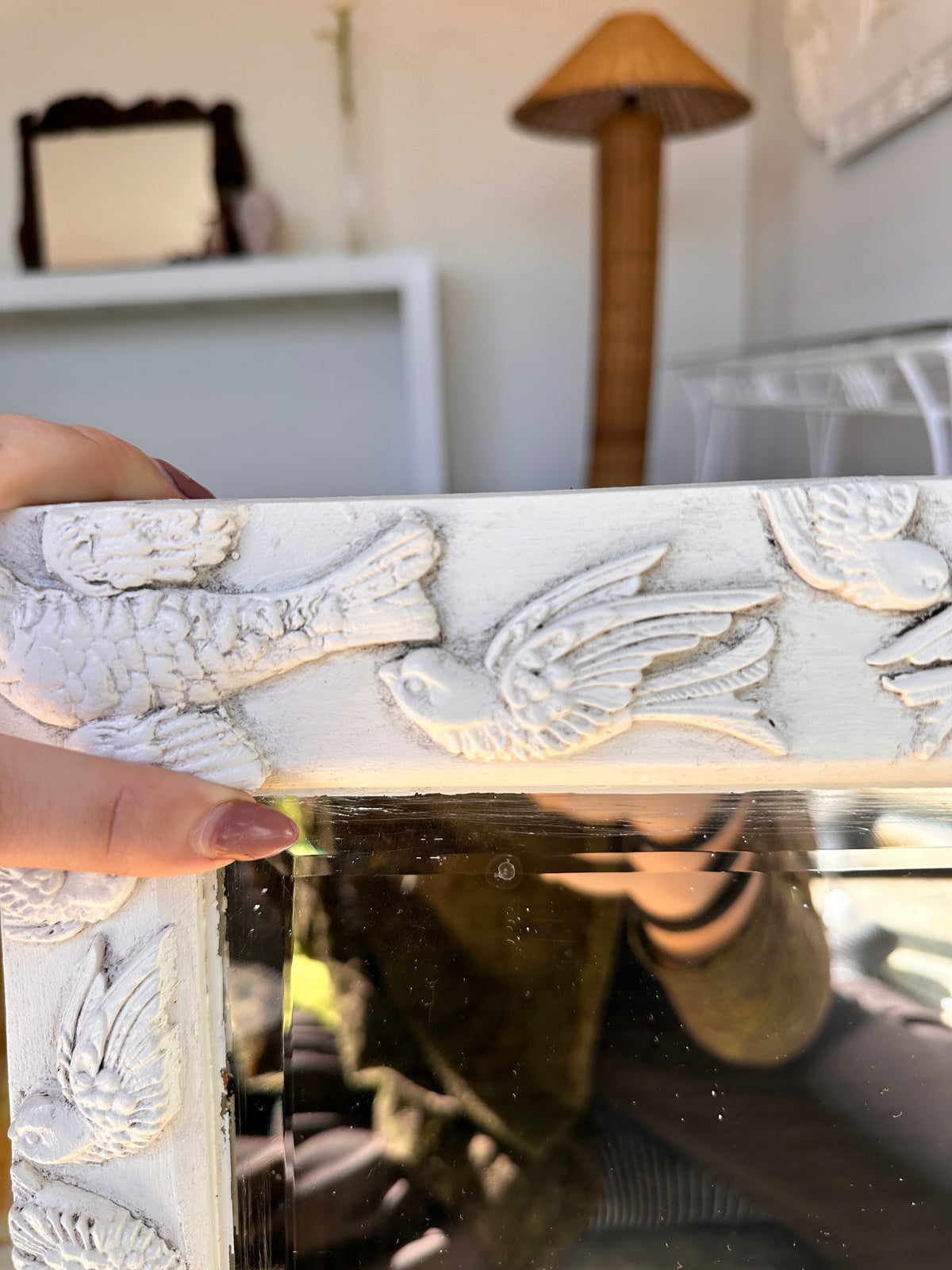 Vintage Timber Mirror - Bird Motifs, Hand Carved