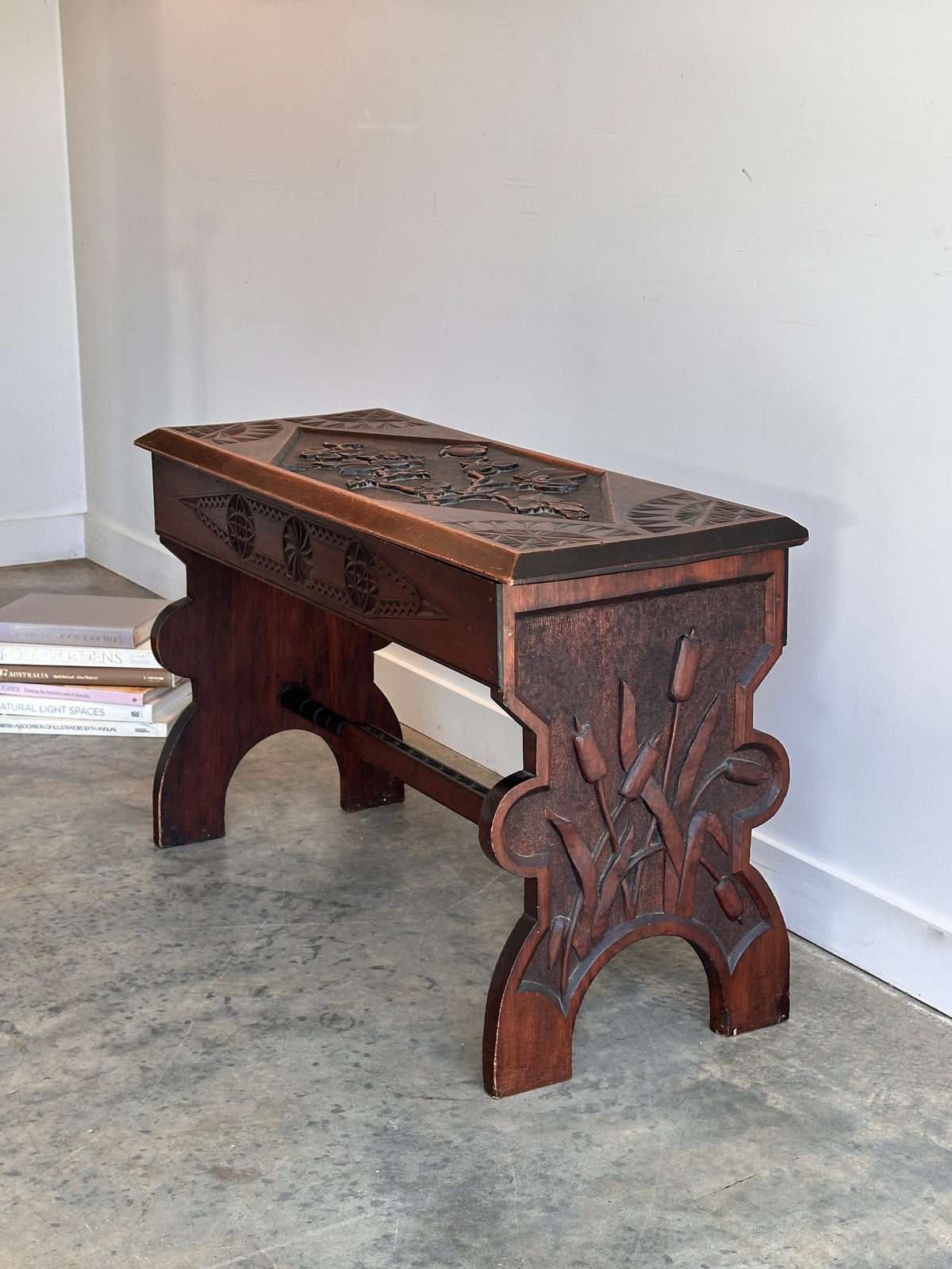 Art Nouveau Timber Bench Seat - Hand Carved, Antique