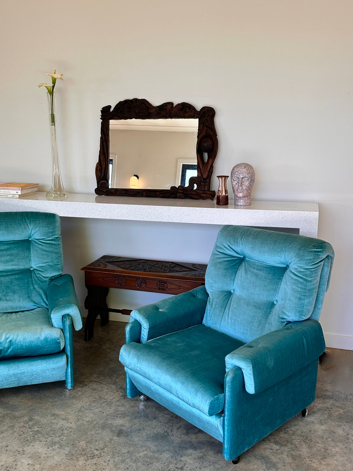 Vintage Blue Velvet Space-Age Sofa & Armchairs - 60's