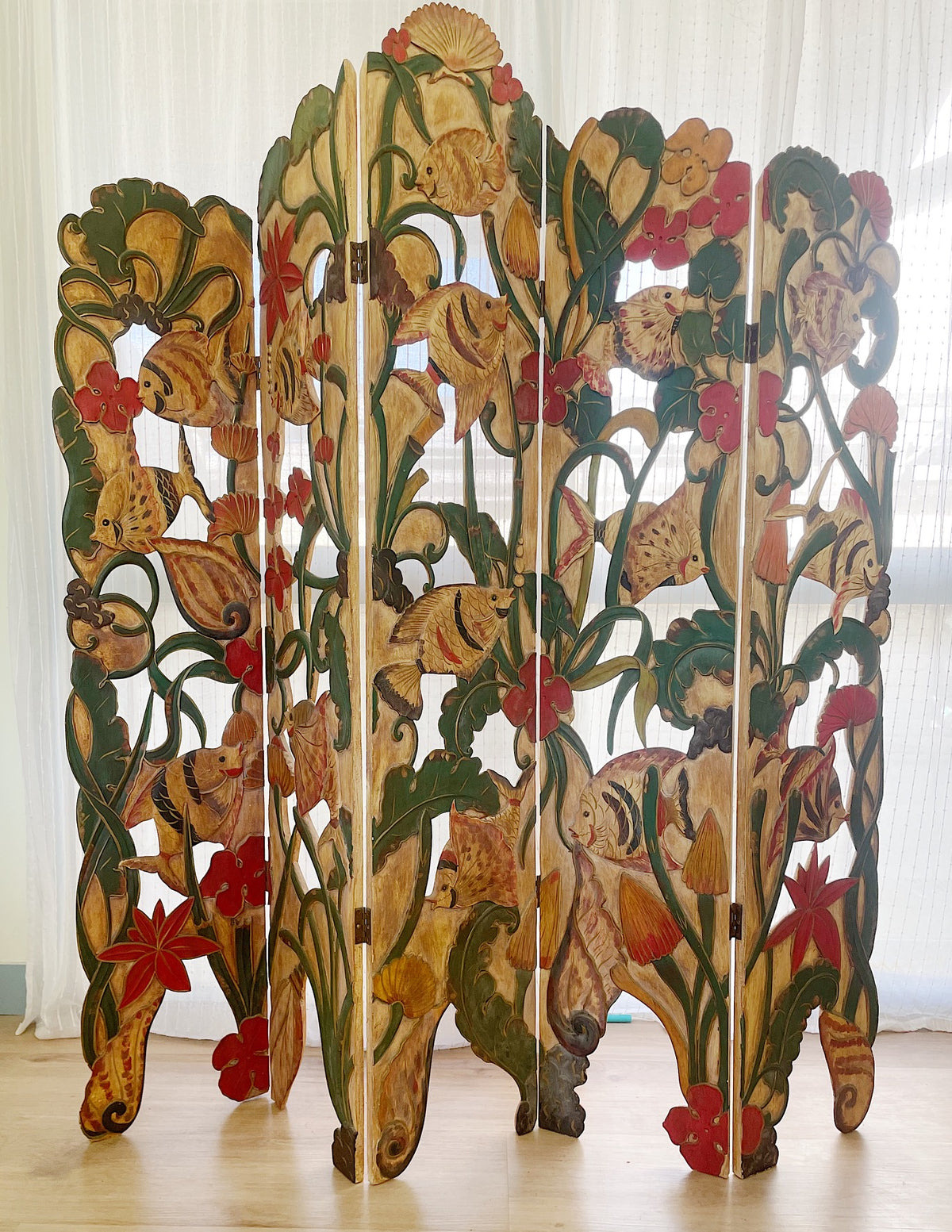 Unique Folk Hand Carved Botanical & Fish Folding Screen