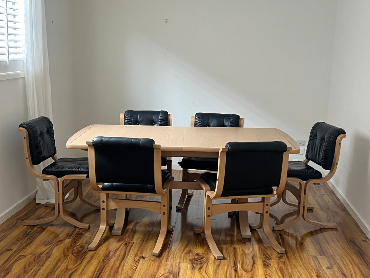Leather & Limed Timber Dining Set by Danish Deluxe, 1987