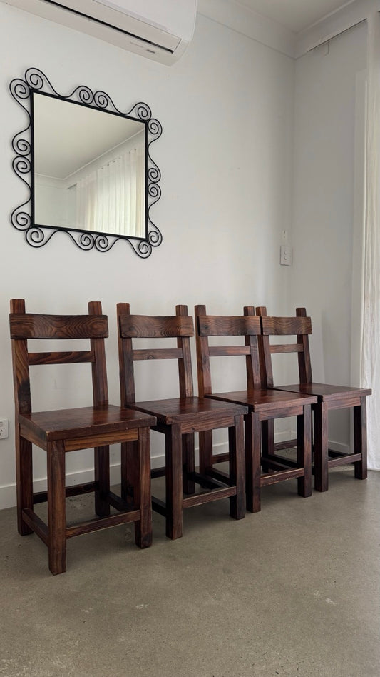Vintage Brutalist Torched Wood Dining Chairs — Set of 8