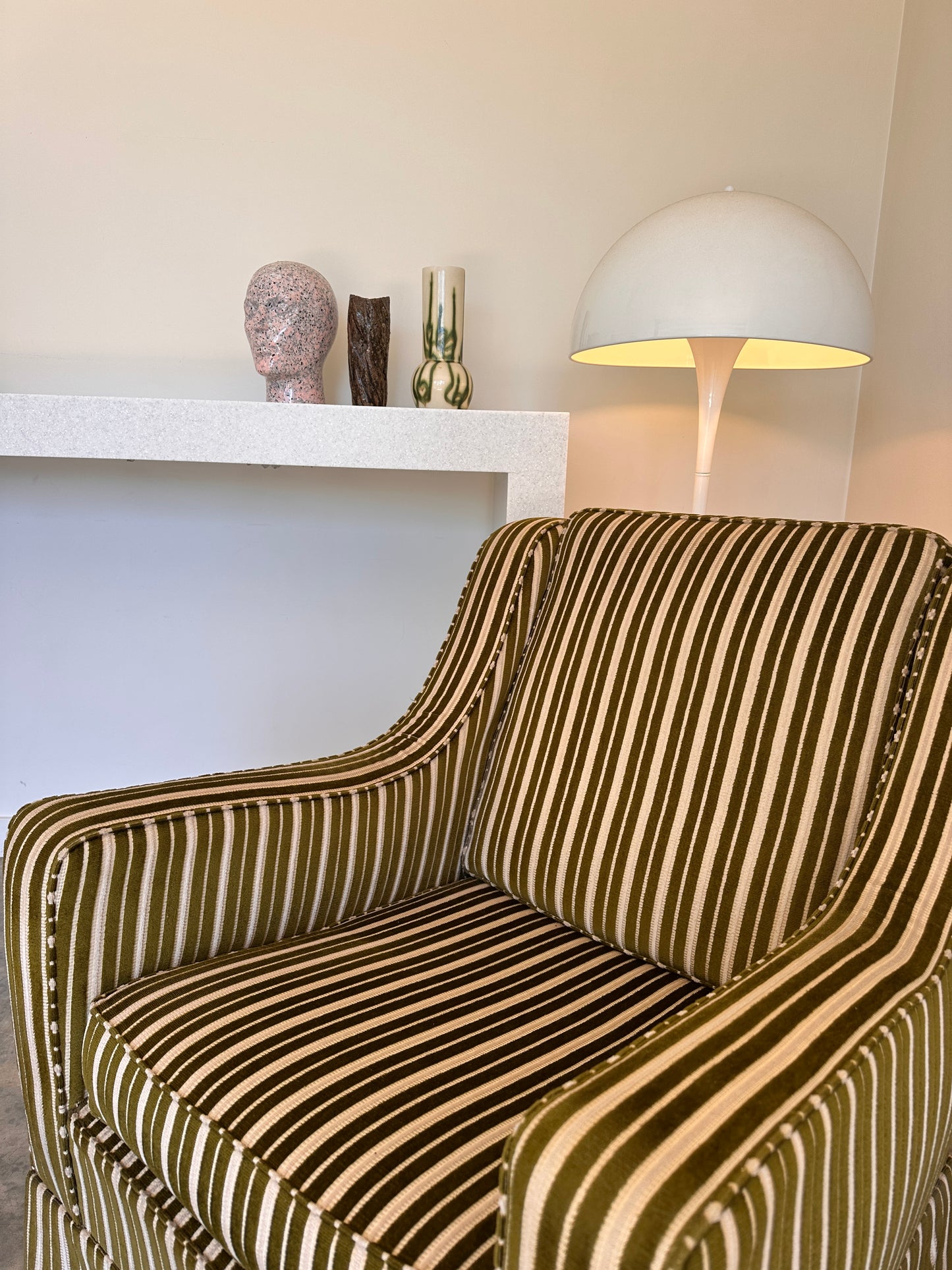 Vintage Green Velvet Stripe Sofa + Armchairs - Box Pleat Skirt