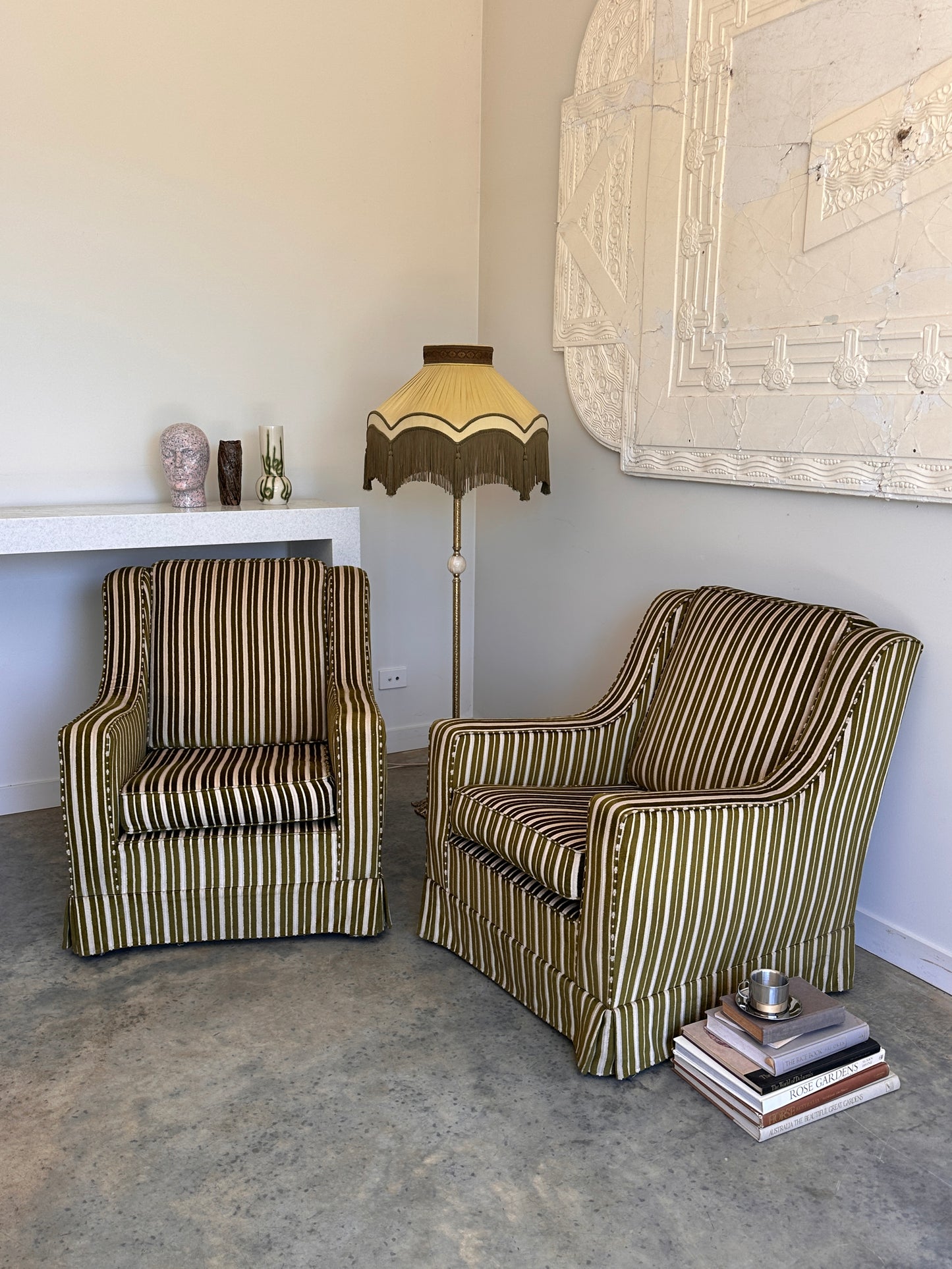 Vintage Green Velvet Stripe Sofa + Armchairs - Box Pleat Skirt