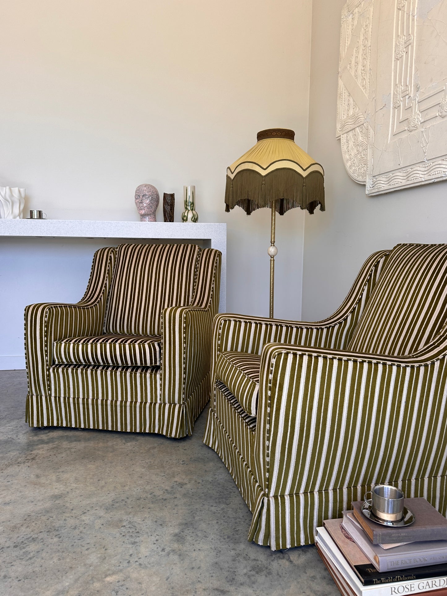 Vintage Green Velvet Stripe Sofa + Armchairs - Box Pleat Skirt