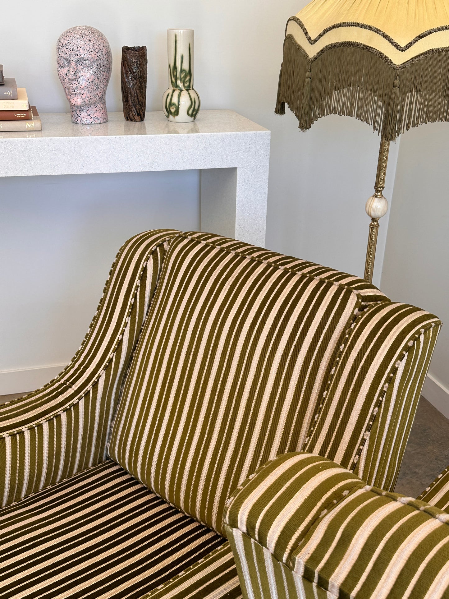 Vintage Green Velvet Stripe Sofa + Armchairs - Box Pleat Skirt