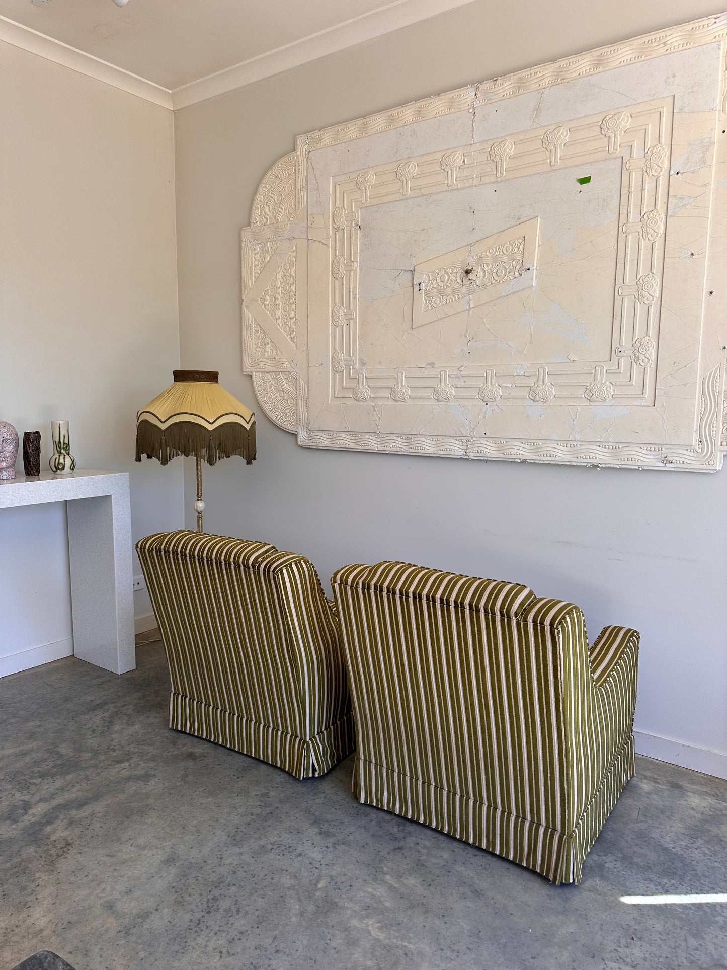 Vintage Green Velvet Stripe Sofa + Armchairs - Box Pleat Skirt