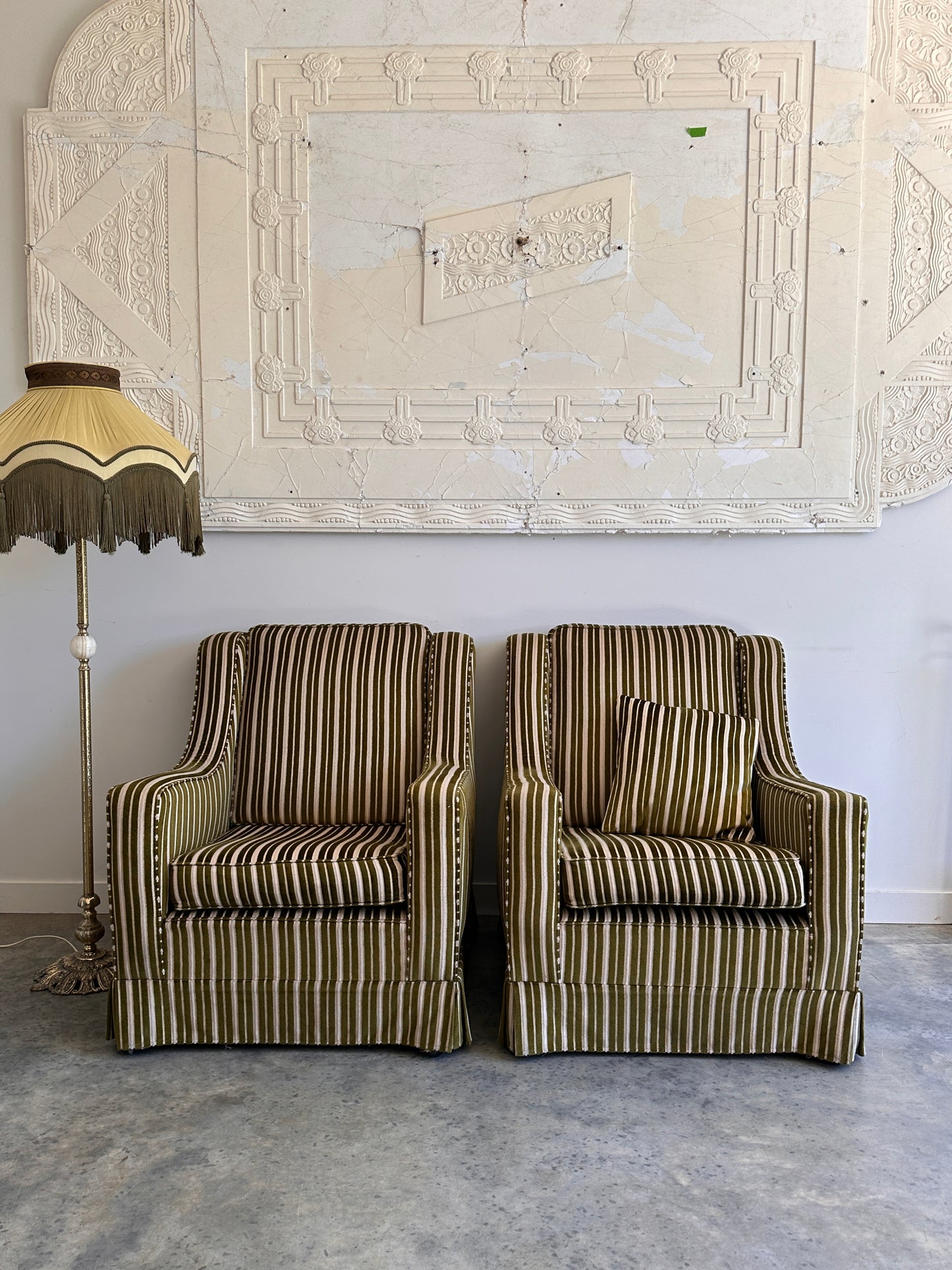 Vintage Green Velvet Stripe Sofa + Armchairs - Box Pleat Skirt