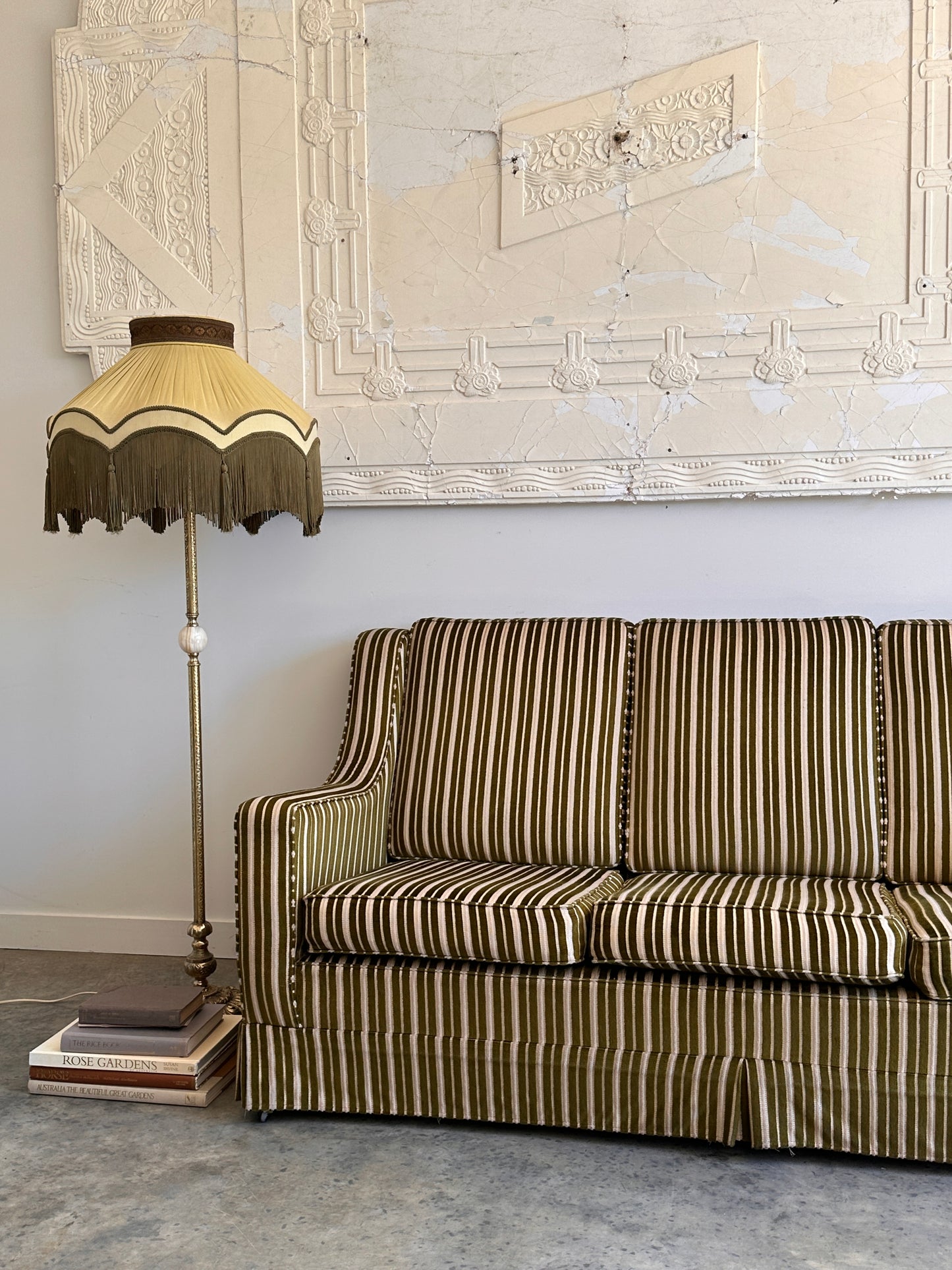 Vintage Green Velvet Stripe Sofa + Armchairs - Box Pleat Skirt