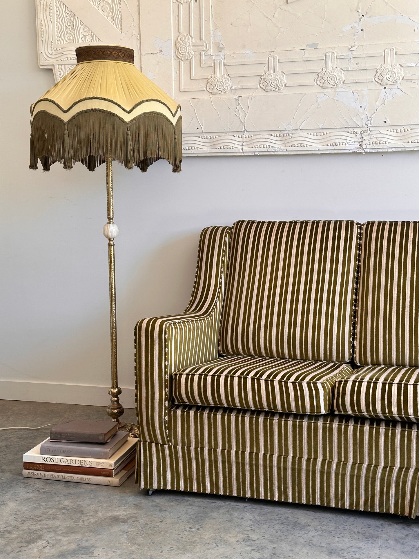 Vintage Green Velvet Stripe Sofa + Armchairs - Box Pleat Skirt