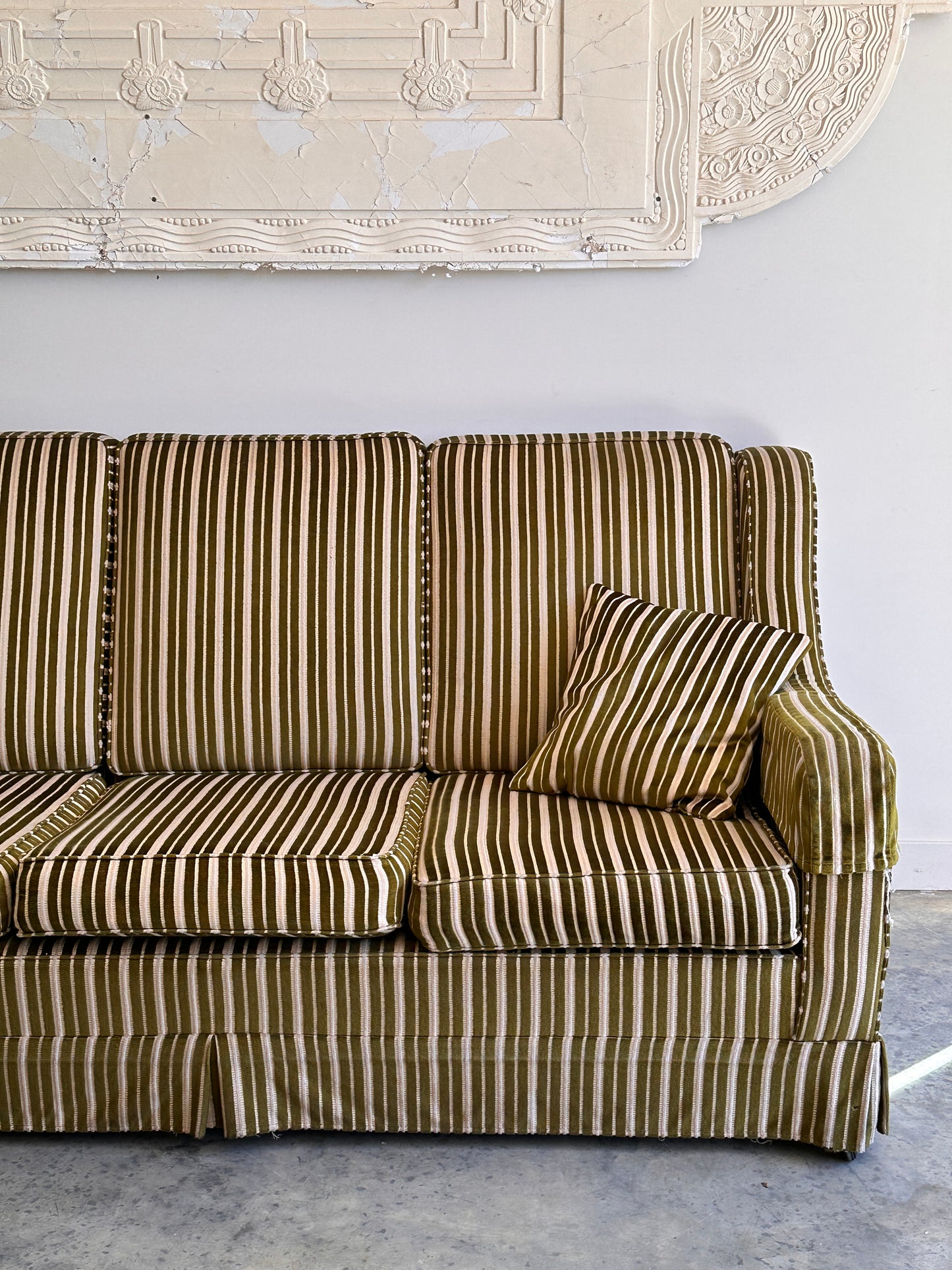 Vintage Green Velvet Stripe Sofa + Armchairs - Box Pleat Skirt