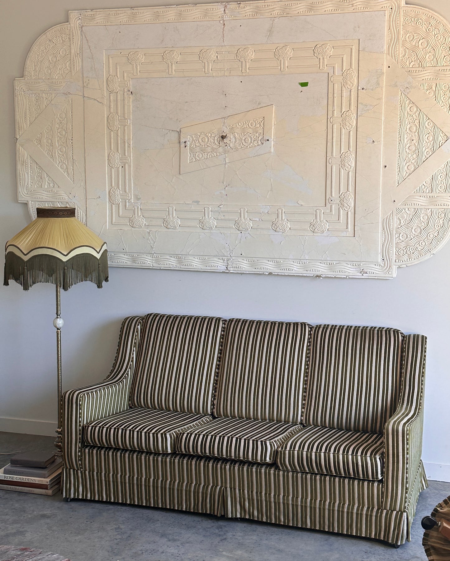 Vintage Green Velvet Stripe Sofa + Armchairs - Box Pleat Skirt