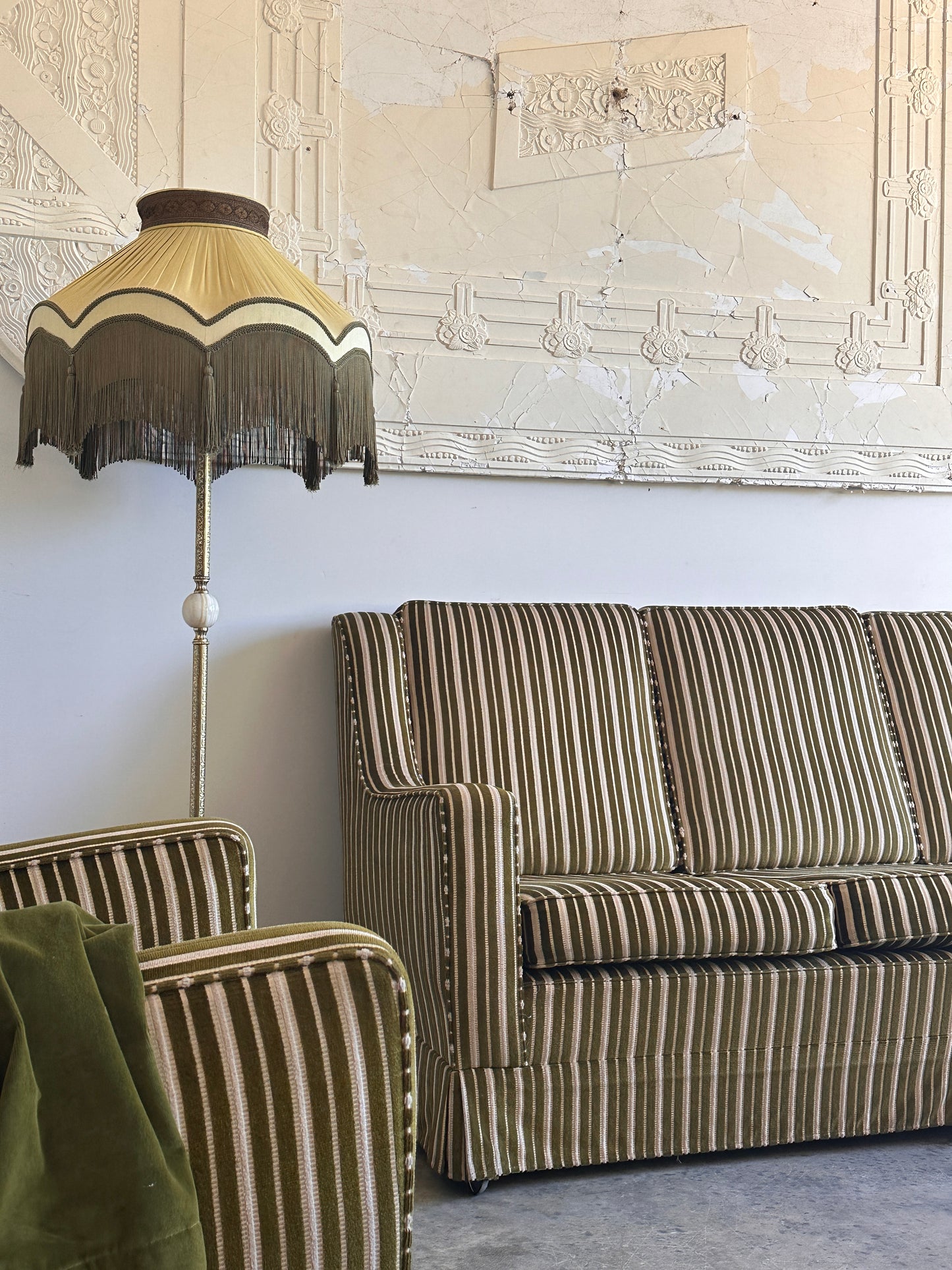 Vintage Green Velvet Stripe Sofa + Armchairs - Box Pleat Skirt