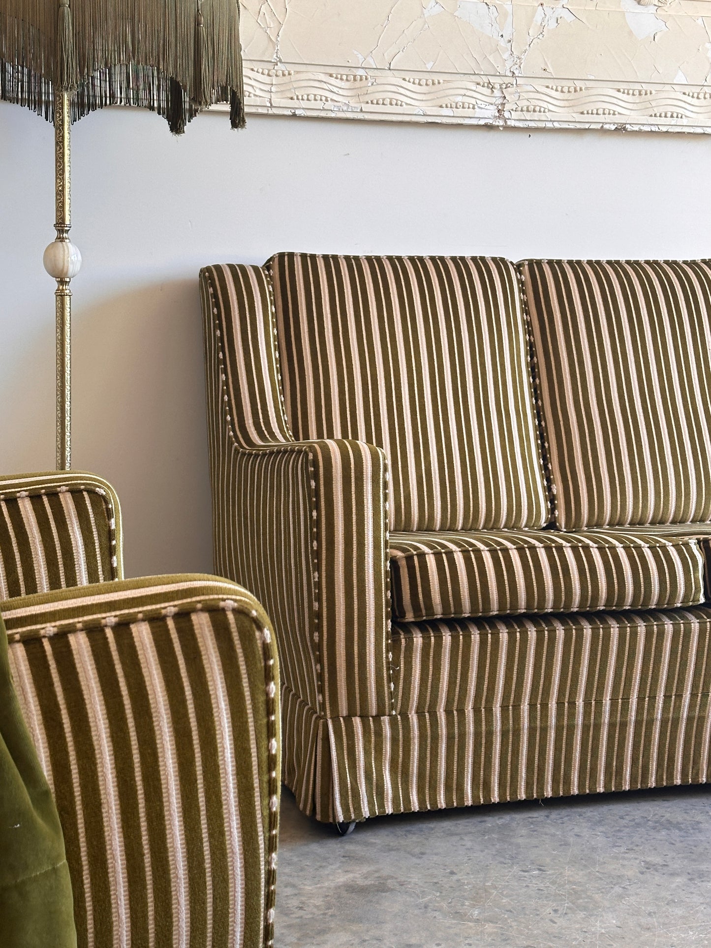 Vintage Green Velvet Stripe Sofa + Armchairs - Box Pleat Skirt
