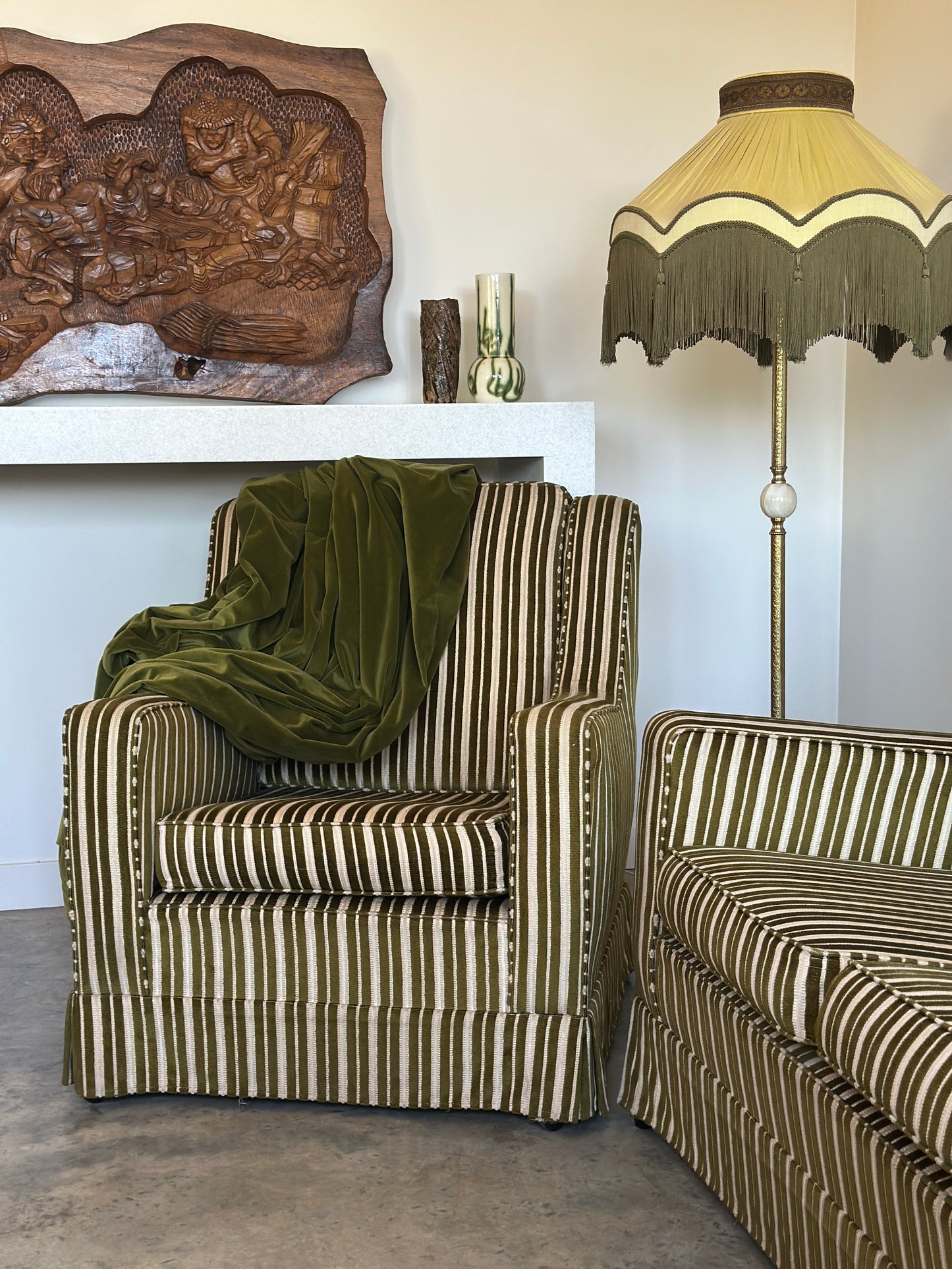 Vintage Green Velvet Stripe Sofa + Armchairs - Box Pleat Skirt