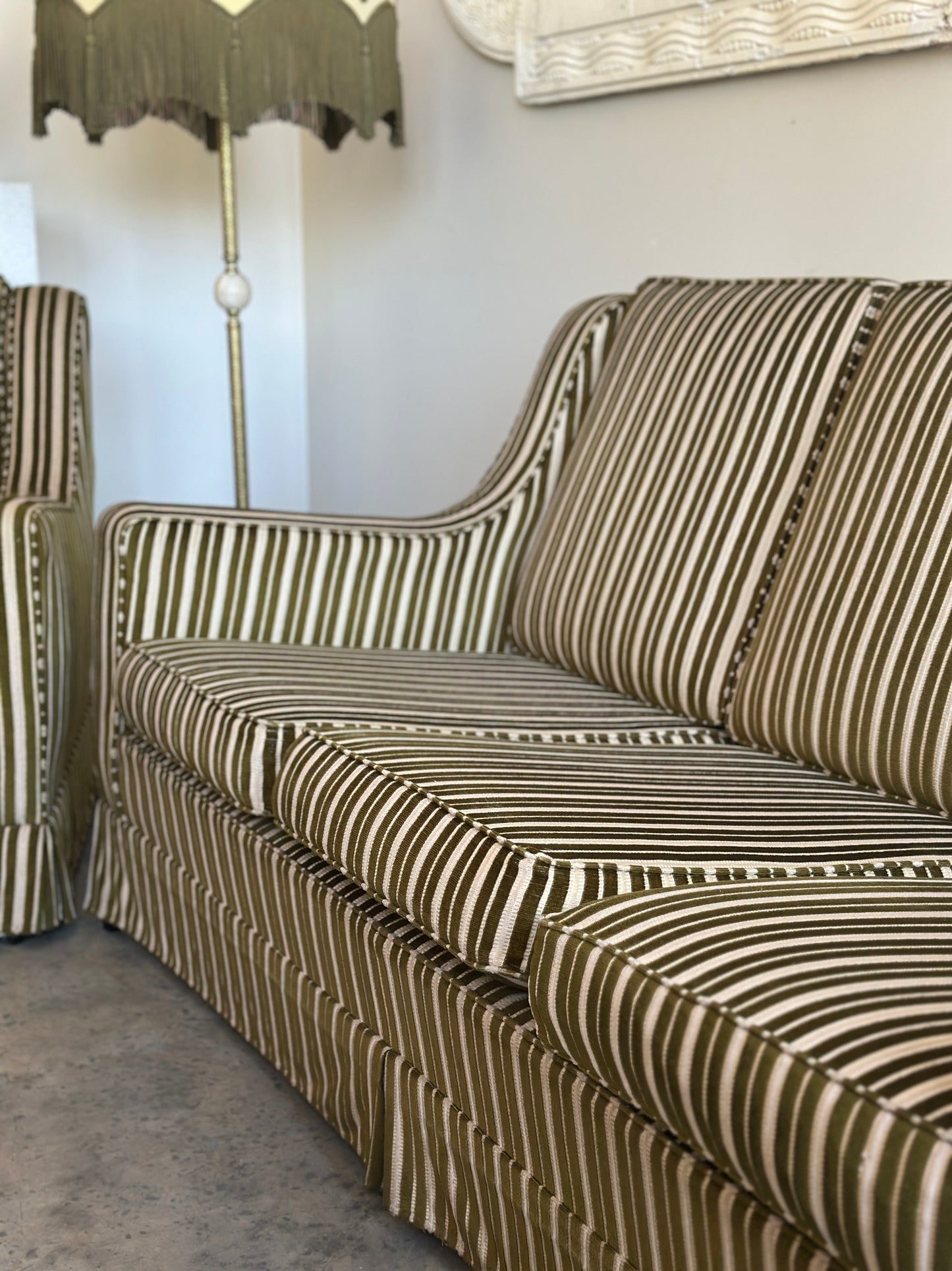 Vintage Green Velvet Stripe Sofa + Armchairs - Box Pleat Skirt