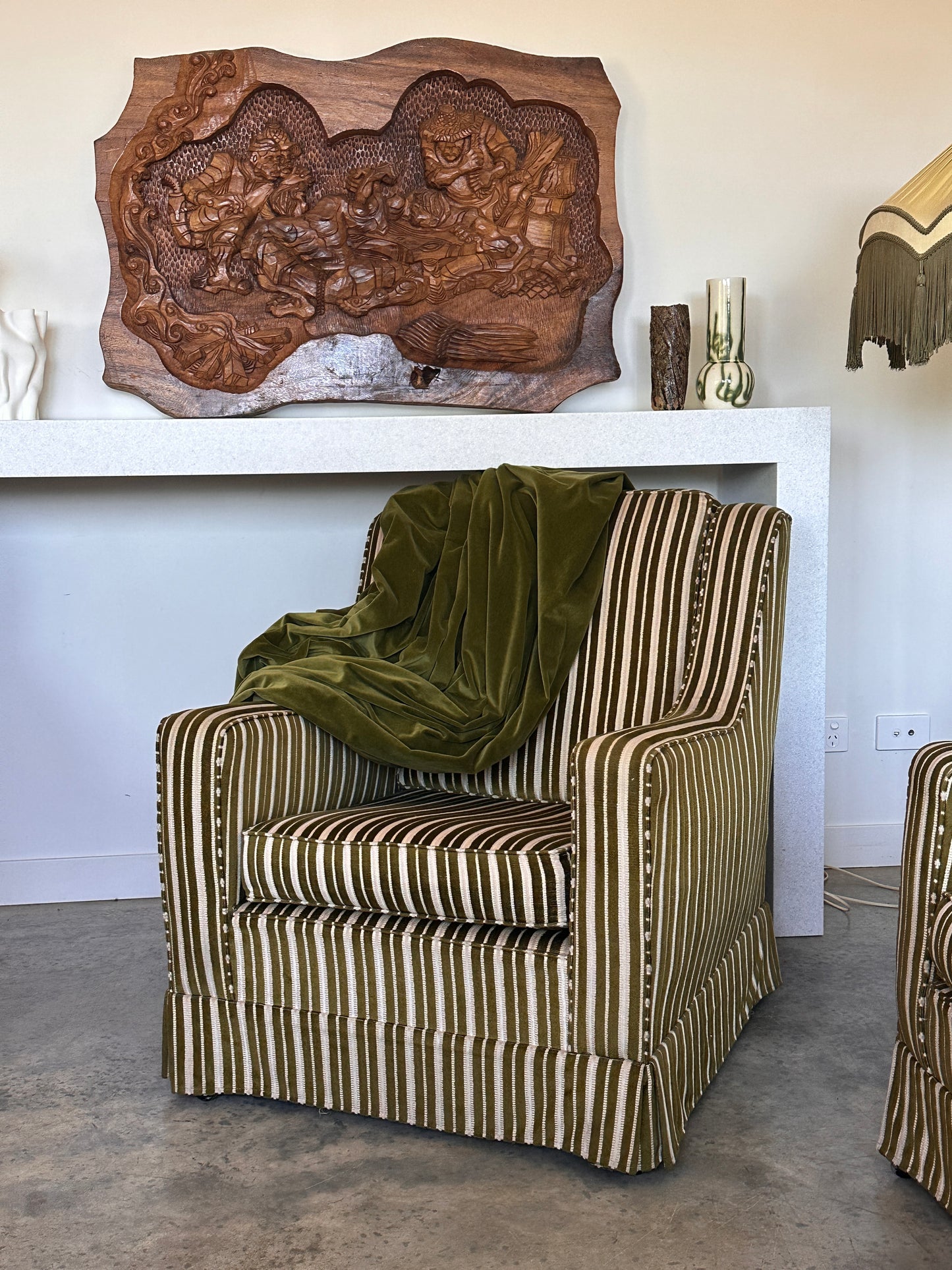 Vintage Green Velvet Stripe Sofa + Armchairs - Box Pleat Skirt