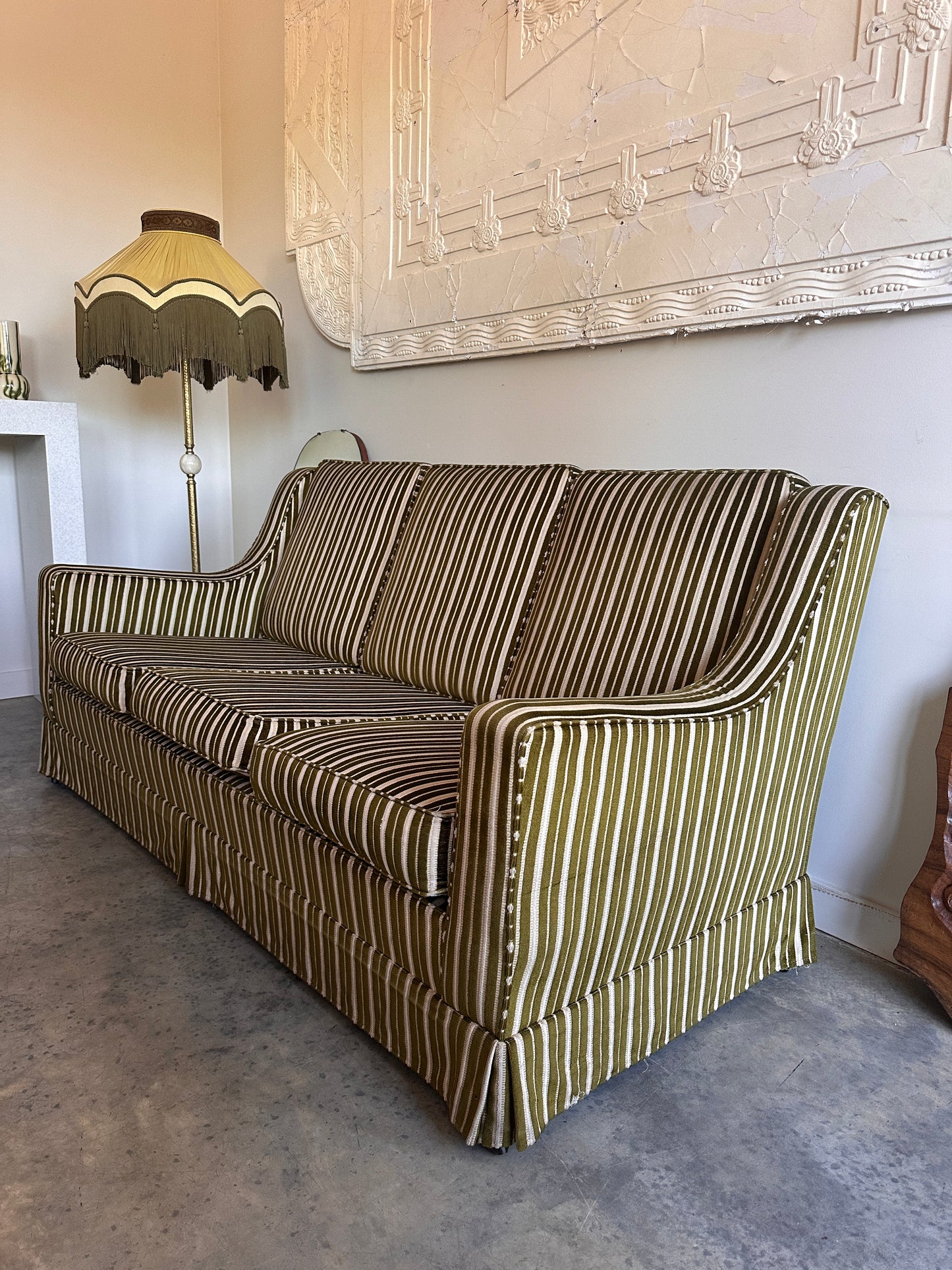 Vintage Green Velvet Stripe Sofa + Armchairs - Box Pleat Skirt