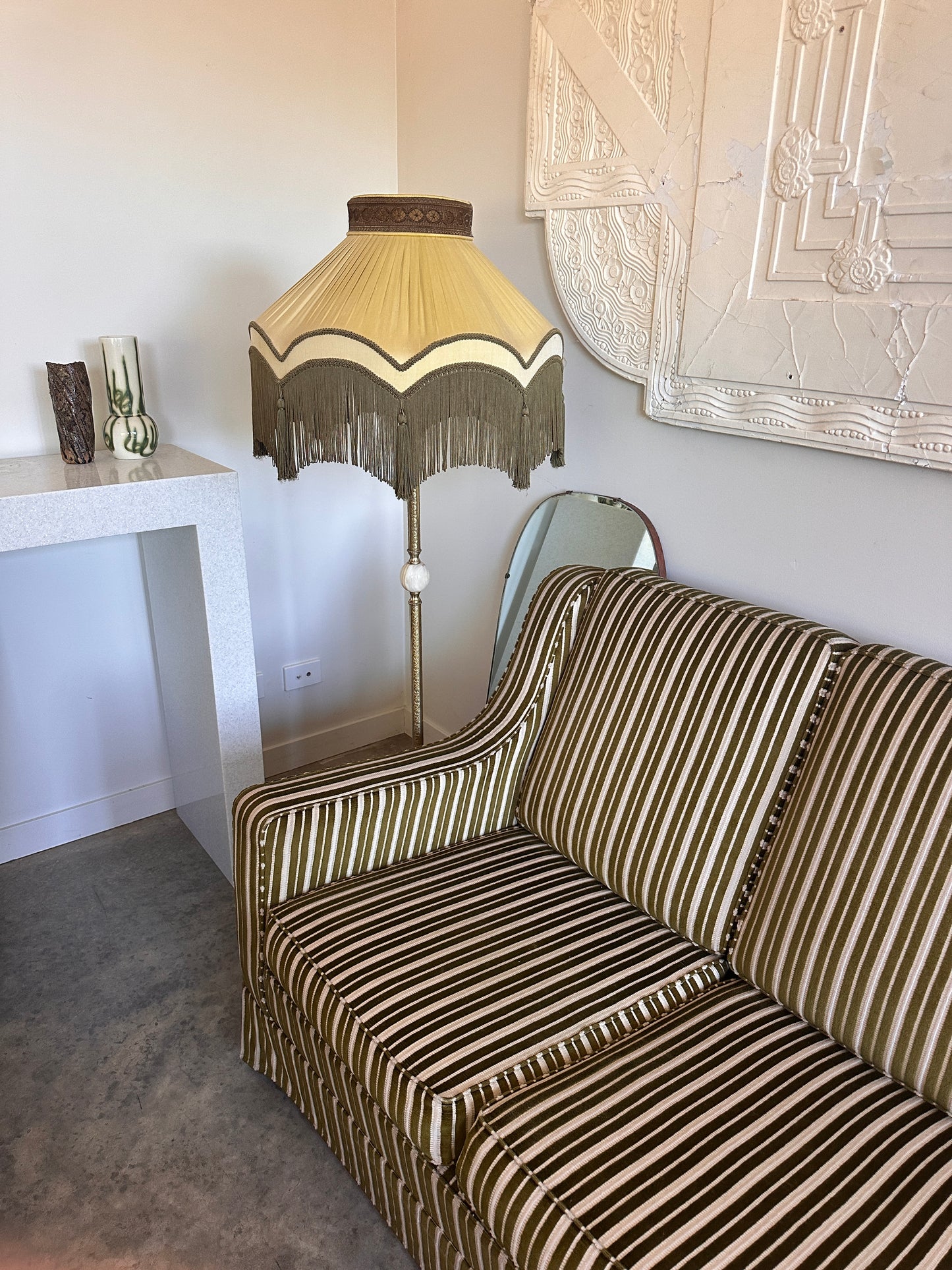 Vintage Green Velvet Stripe Sofa + Armchairs - Box Pleat Skirt