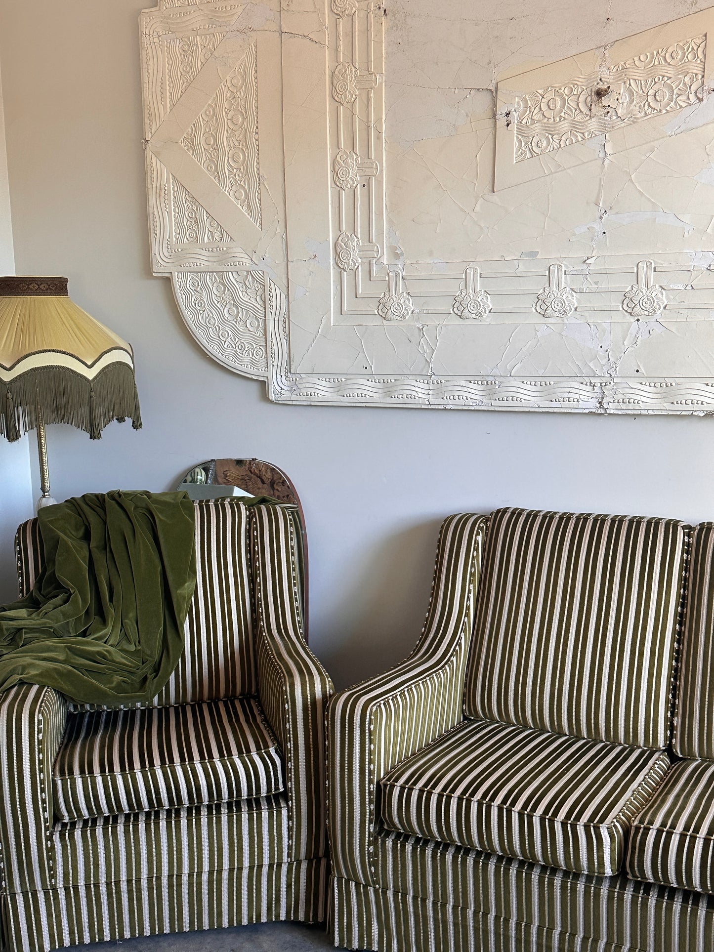 Vintage Green Velvet Stripe Sofa + Armchairs - Box Pleat Skirt
