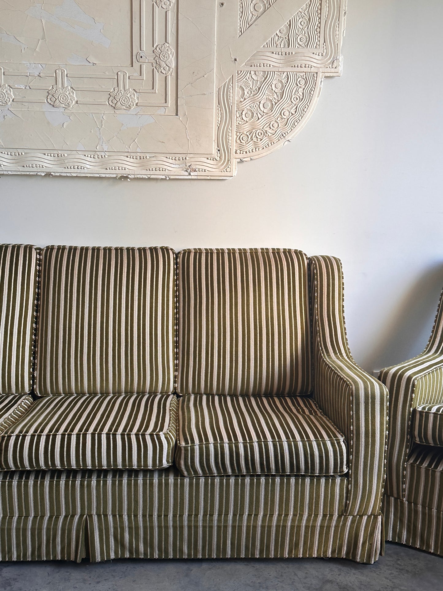 Vintage Green Velvet Stripe Sofa + Armchairs - Box Pleat Skirt