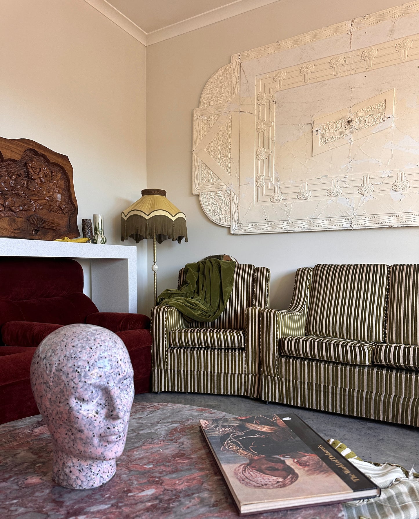 Vintage Green Velvet Stripe Sofa + Armchairs - Box Pleat Skirt