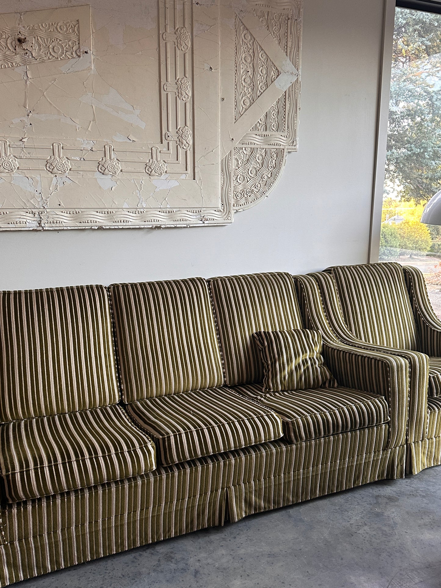 Vintage Green Velvet Stripe Sofa + Armchairs - Box Pleat Skirt