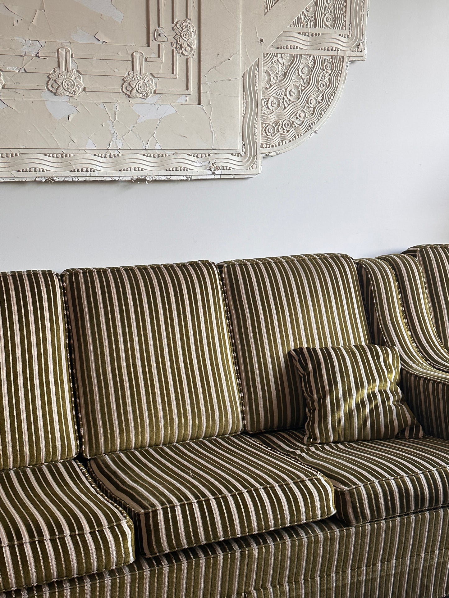 Vintage Green Velvet Stripe Sofa + Armchairs - Box Pleat Skirt