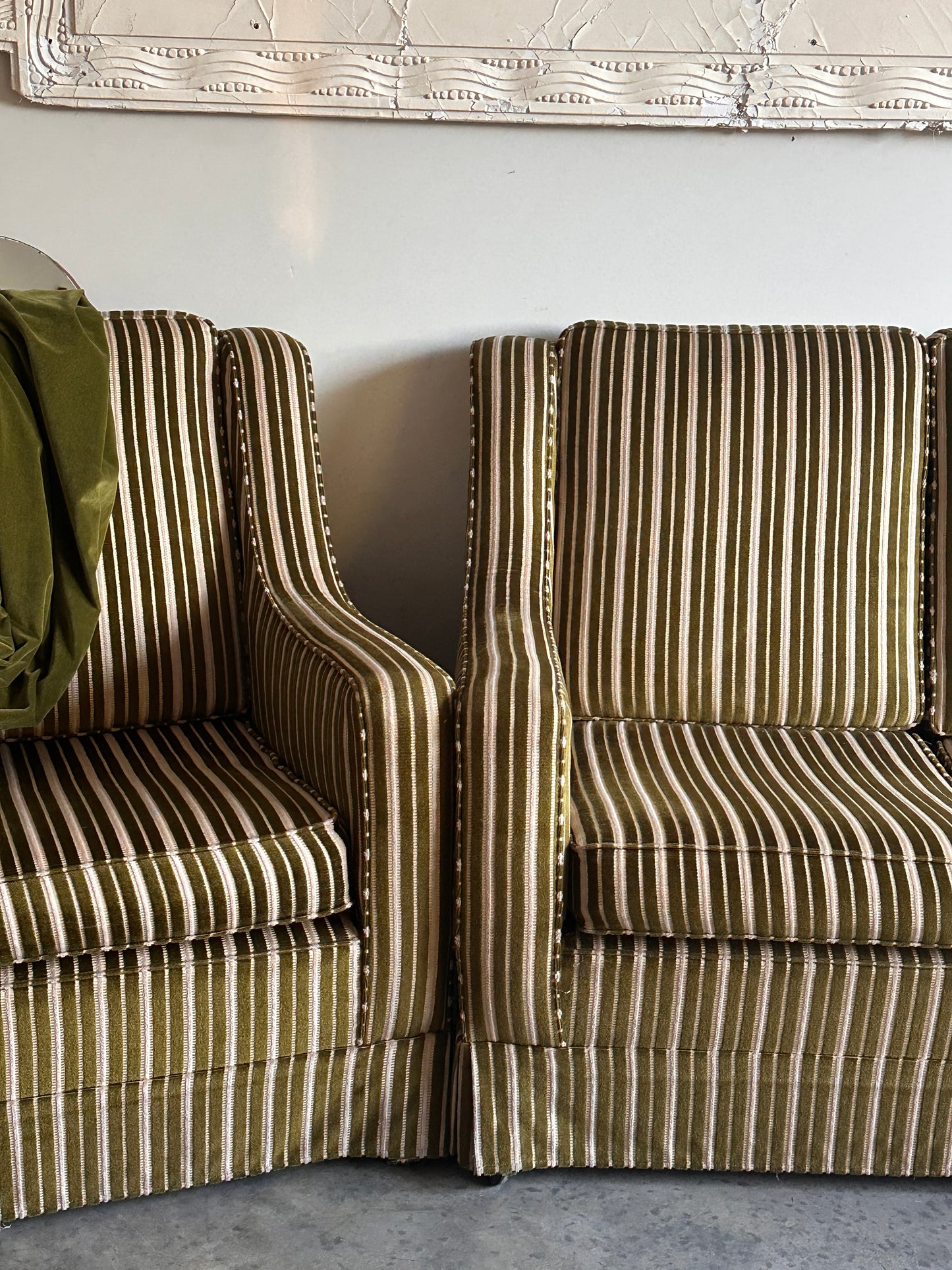 Vintage Green Velvet Stripe Sofa + Armchairs - Box Pleat Skirt