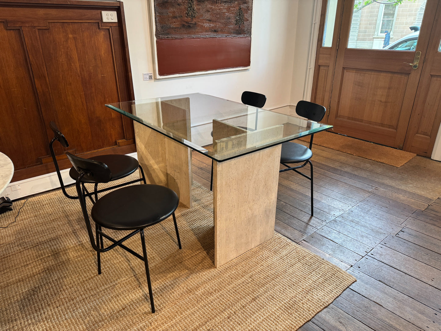 Travertine Glass Table & Set of Four Menu Chairs