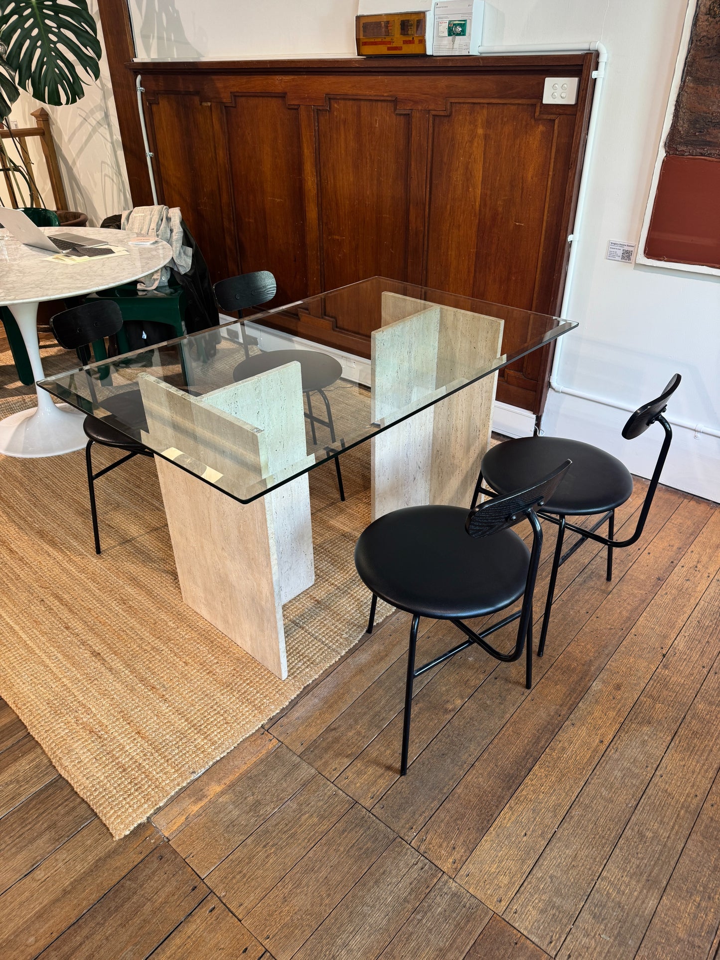 Travertine Glass Table & Set of Four Menu Chairs