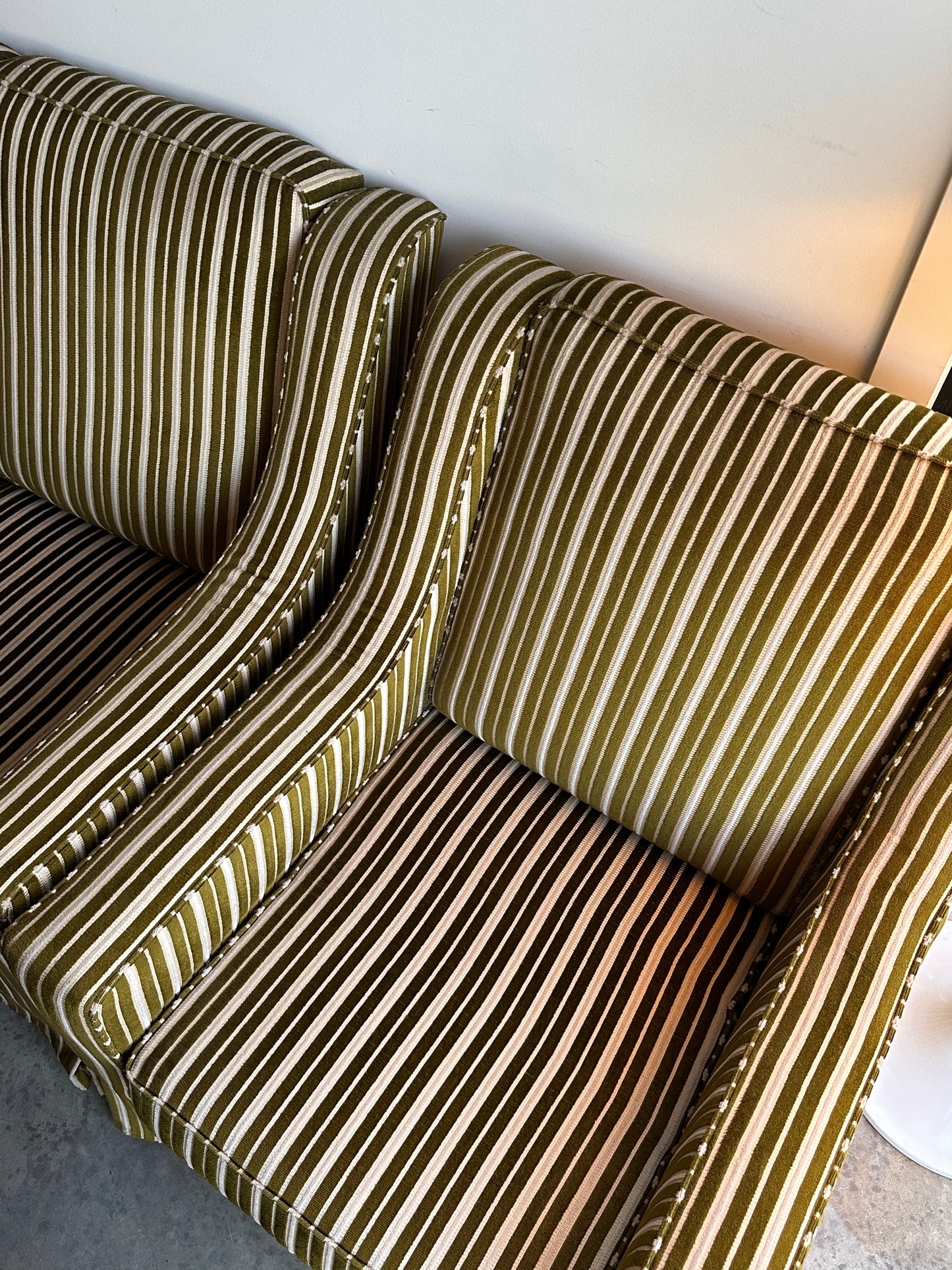 Vintage Green Velvet Stripe Sofa + Armchairs - Box Pleat Skirt