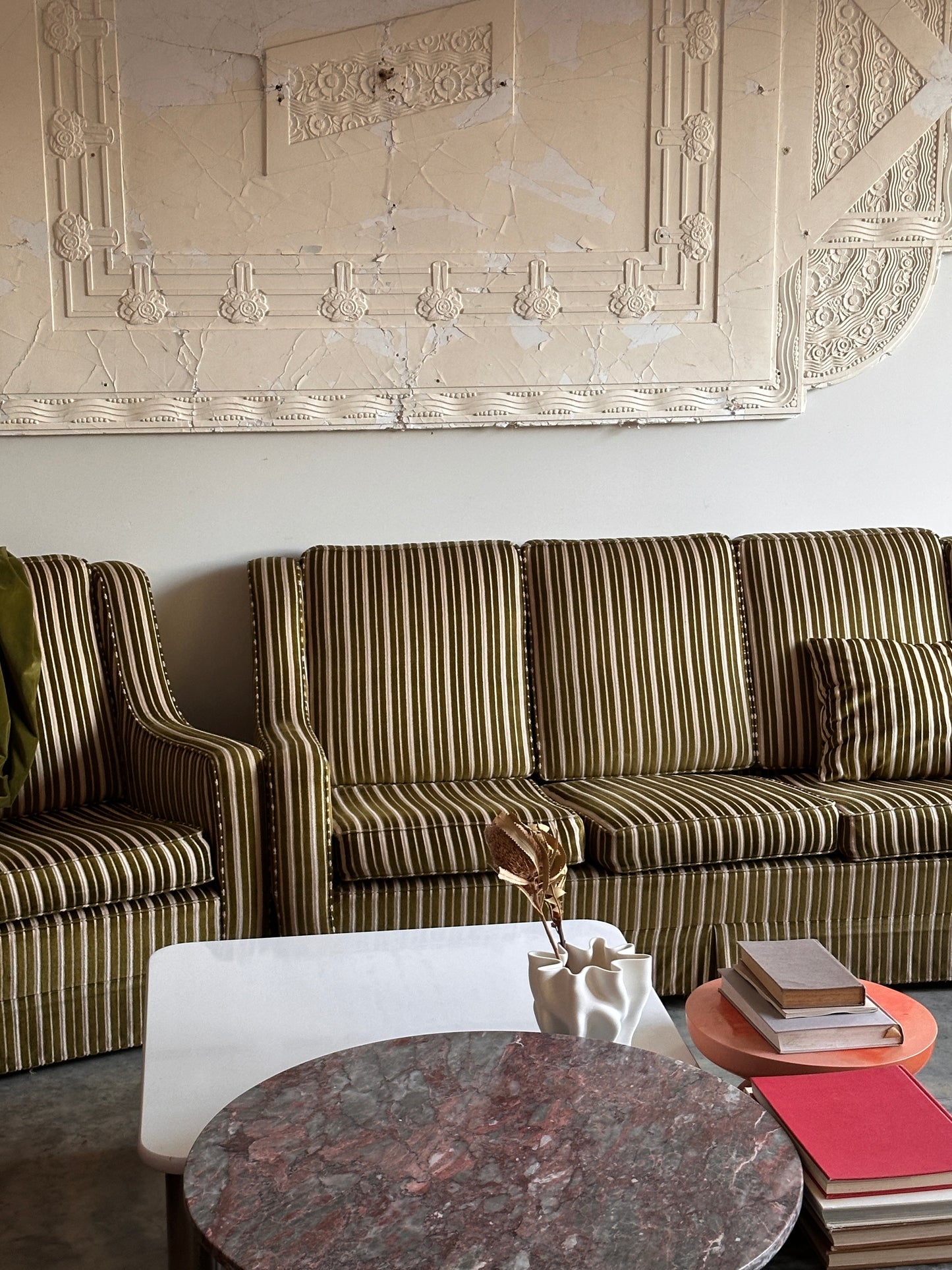Vintage Green Velvet Stripe Sofa + Armchairs - Box Pleat Skirt