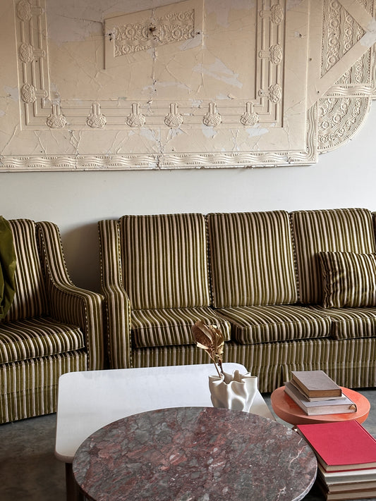 Vintage Green Velvet Stripe Sofa + Armchairs - Box Pleat Skirt