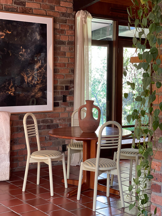 Lacquered Timber Ladderback Chairs with Stripe Upholstery