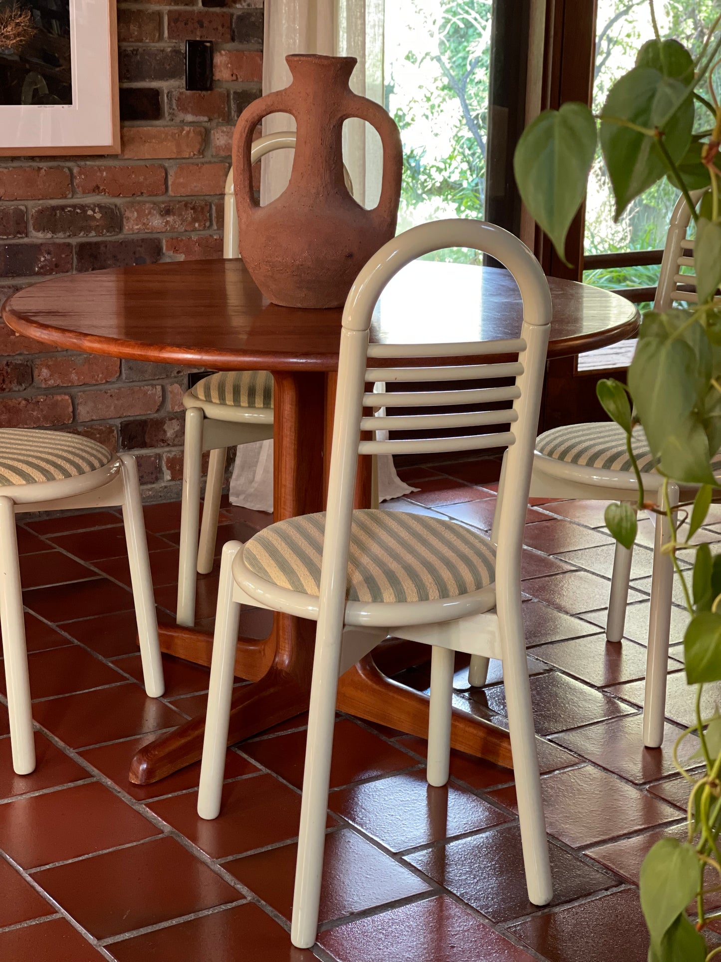 Lacquered Timber Ladderback Chairs with Stripe Upholstery