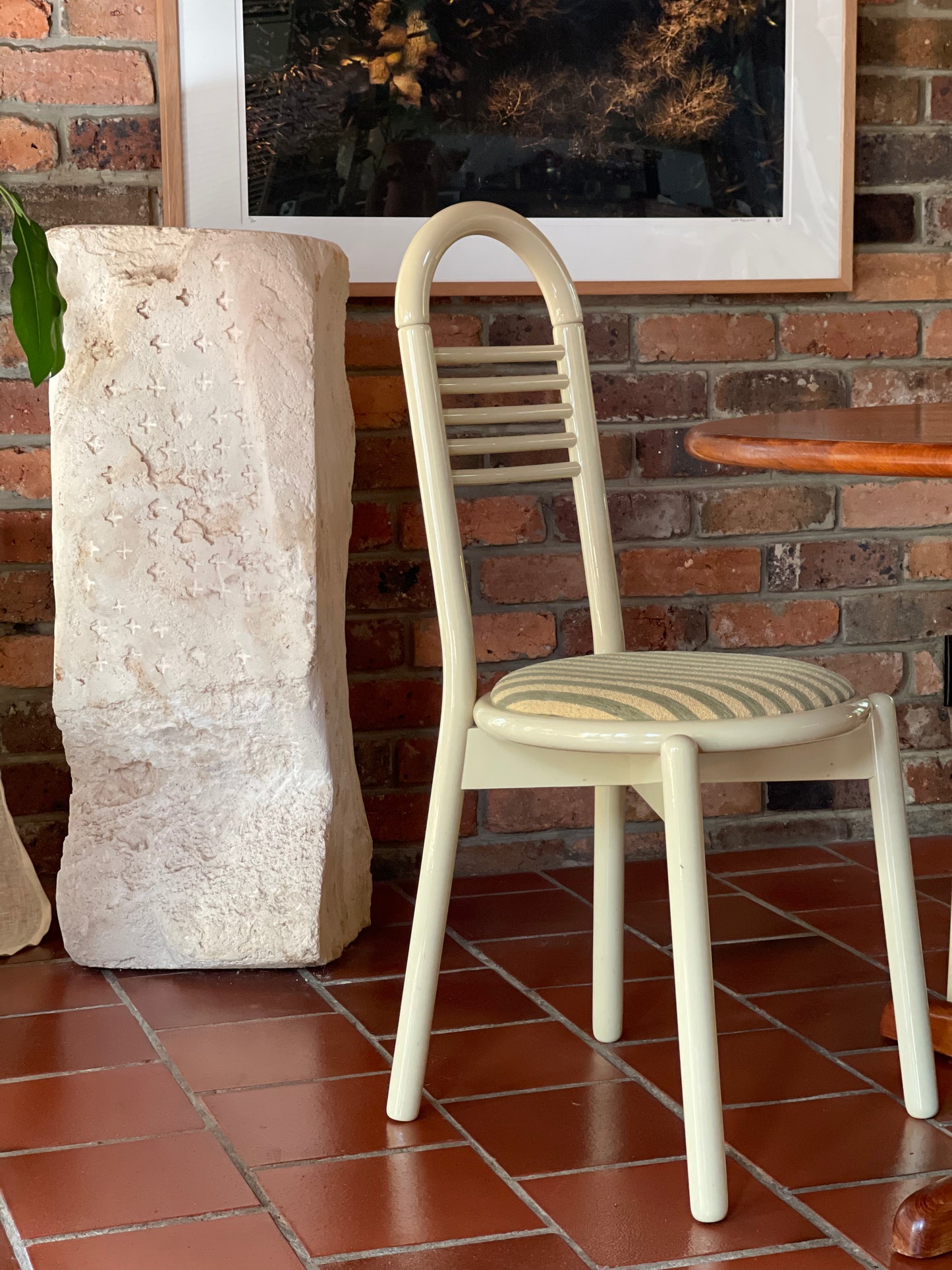 Lacquered Timber Ladderback Chairs with Stripe Upholstery