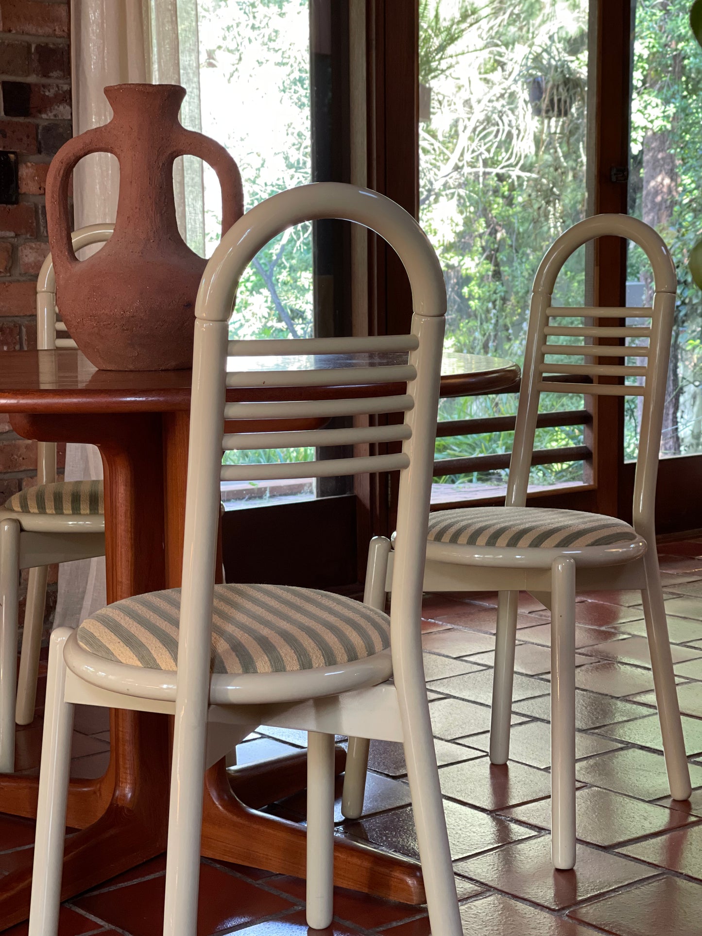 Lacquered Timber Ladderback Chairs with Stripe Upholstery