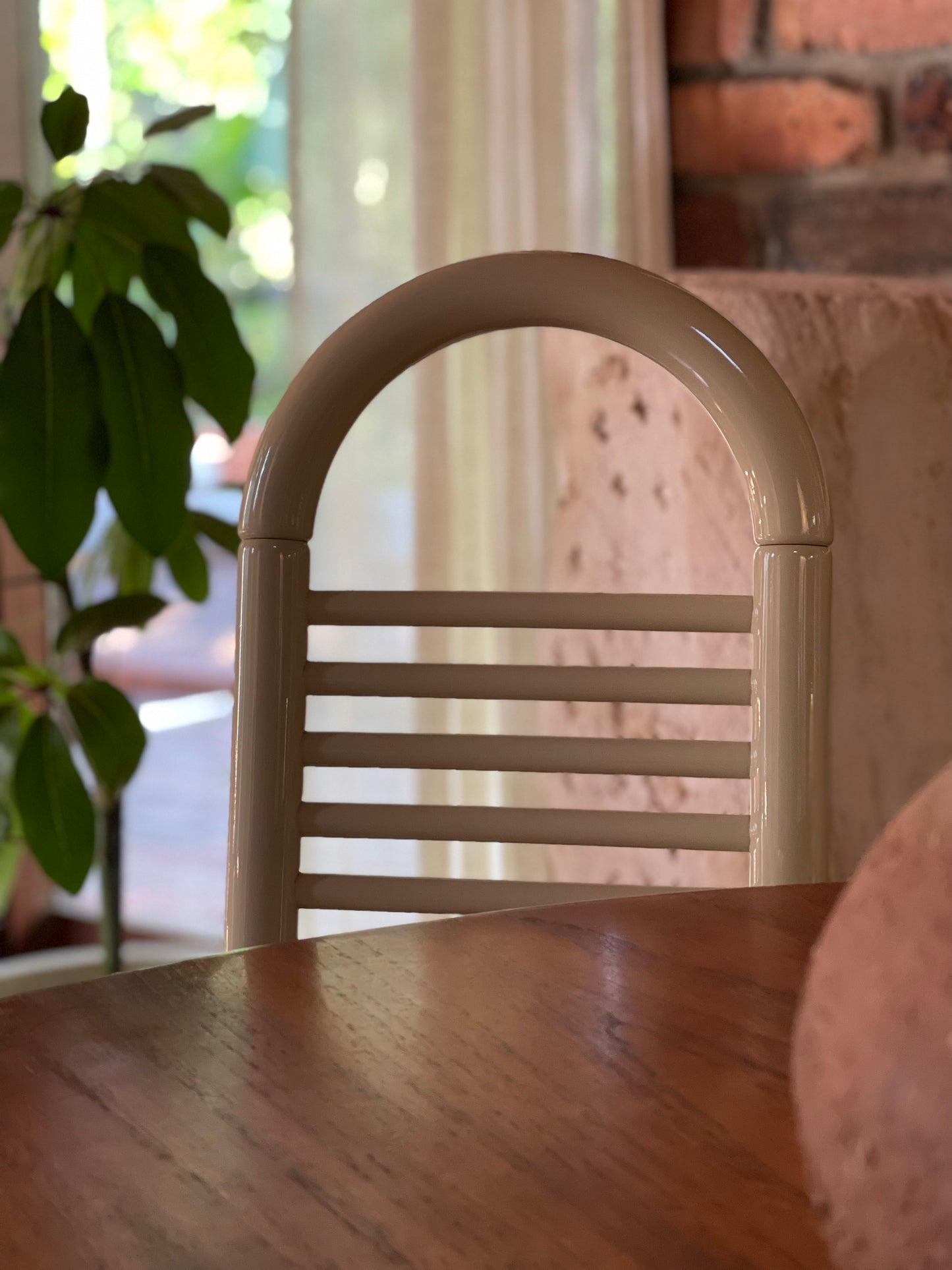 Lacquered Timber Ladderback Chairs with Stripe Upholstery