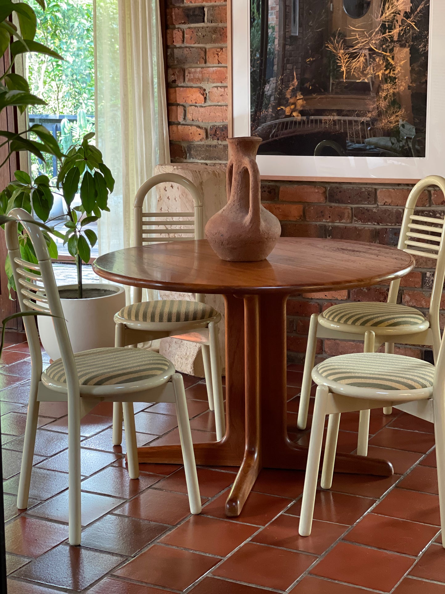 Lacquered Timber Ladderback Chairs with Stripe Upholstery