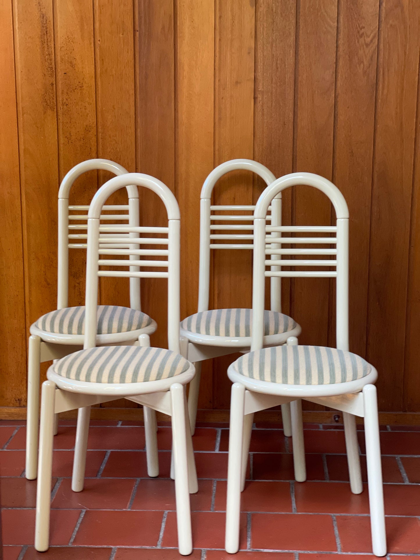 Lacquered Timber Ladderback Chairs with Stripe Upholstery