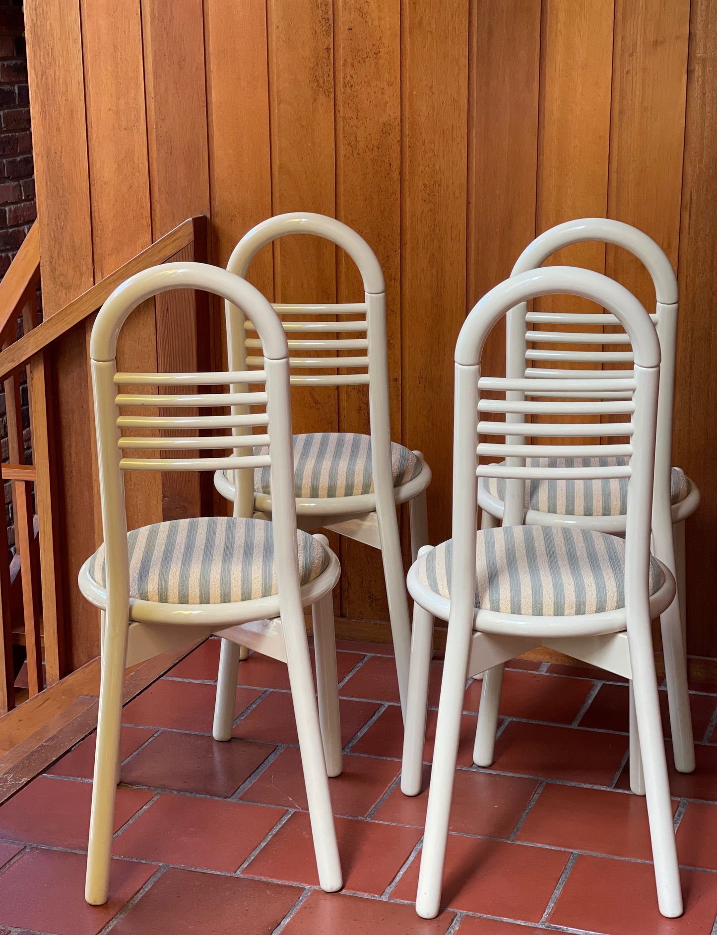 Lacquered Timber Ladderback Chairs with Stripe Upholstery